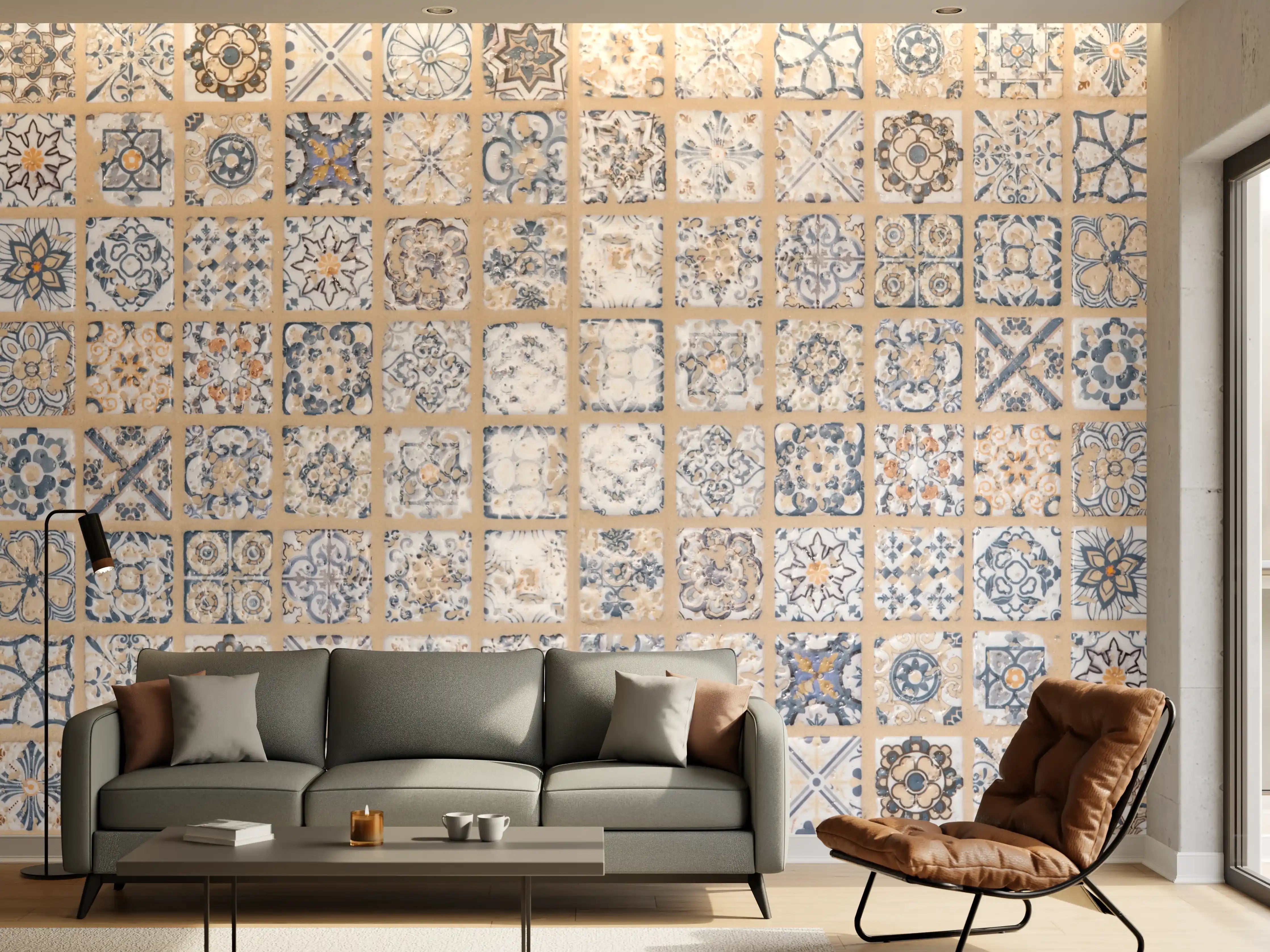 Wandverkleidung Wohnzimmer - Beige-blau Vintage Mosaik