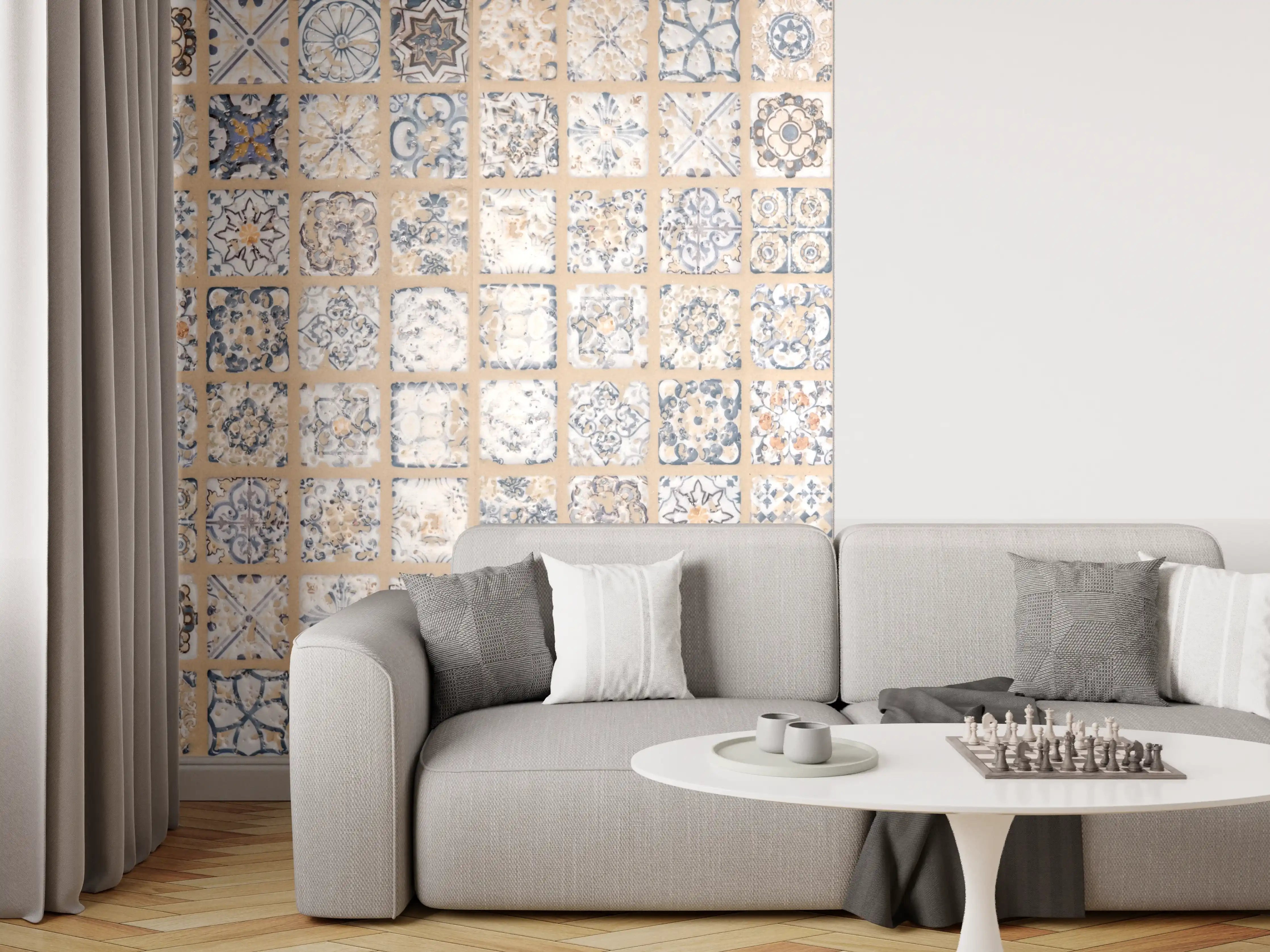 Wandverkleidung Wohnzimmer - Beige-blau Vintage Mosaik