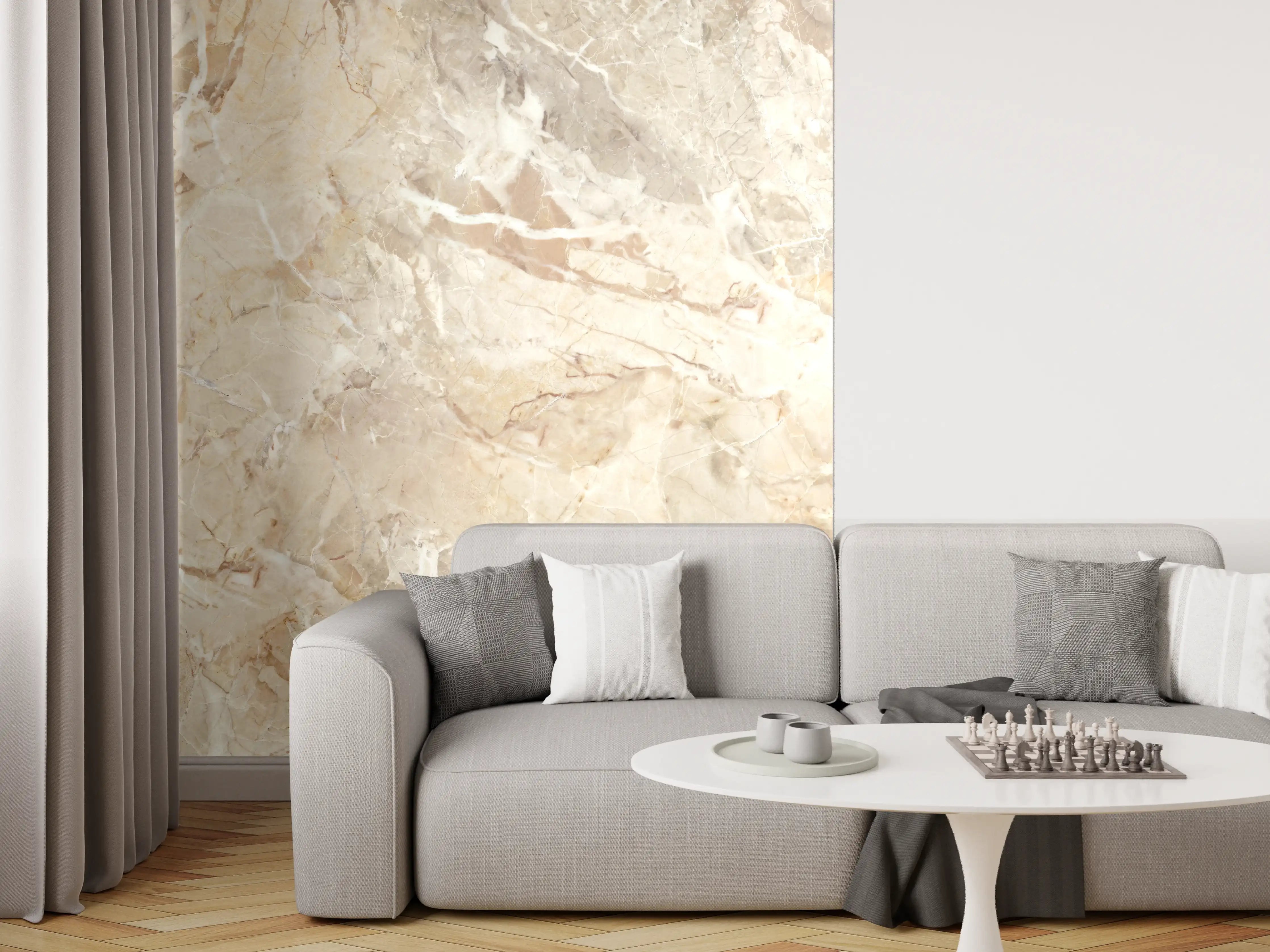 Wandverkleidung Wohnzimmer - Beiges abstraktes Marmordesign