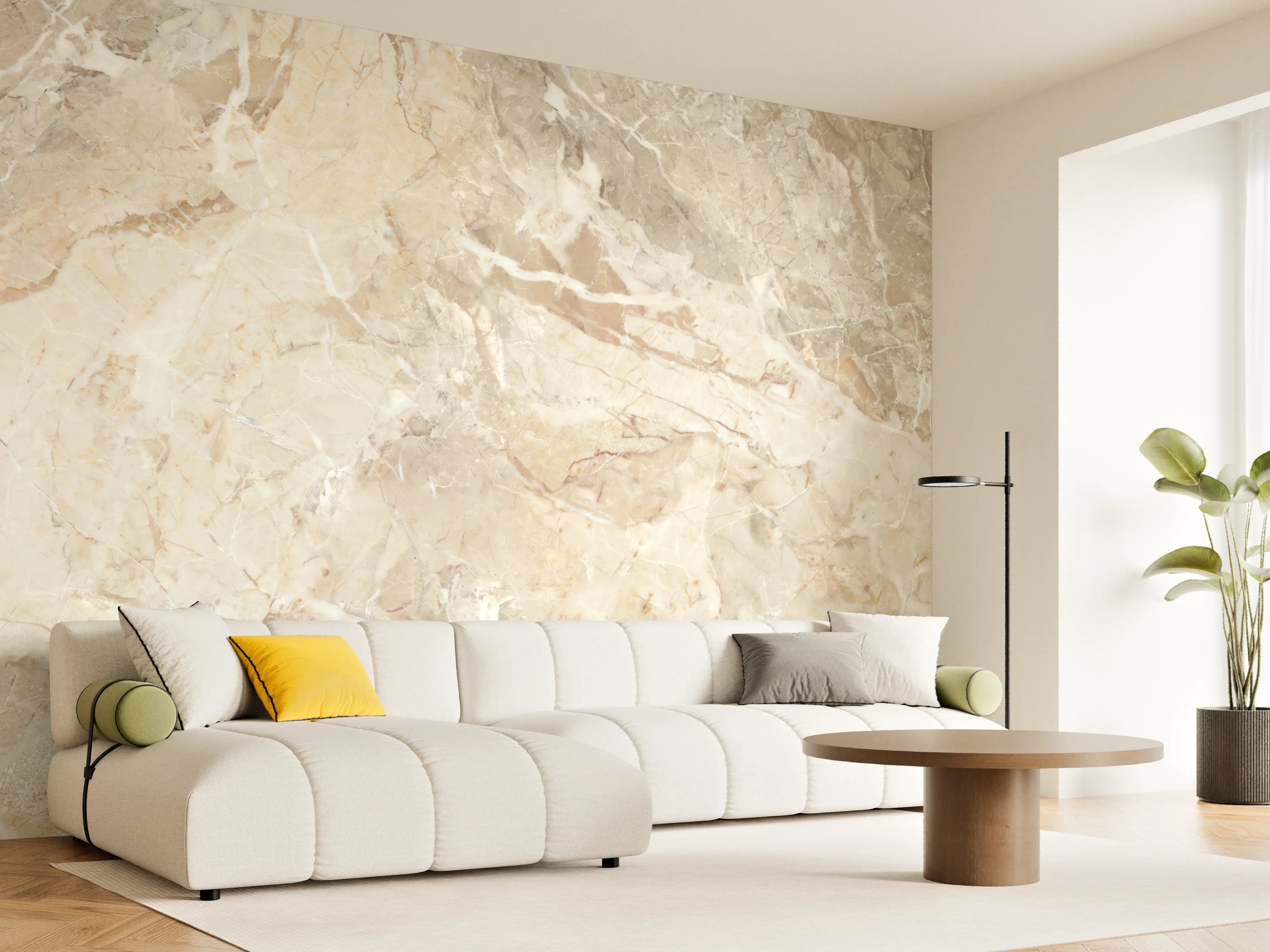 Wandverkleidung Wohnzimmer - Beiges abstraktes Marmordesign