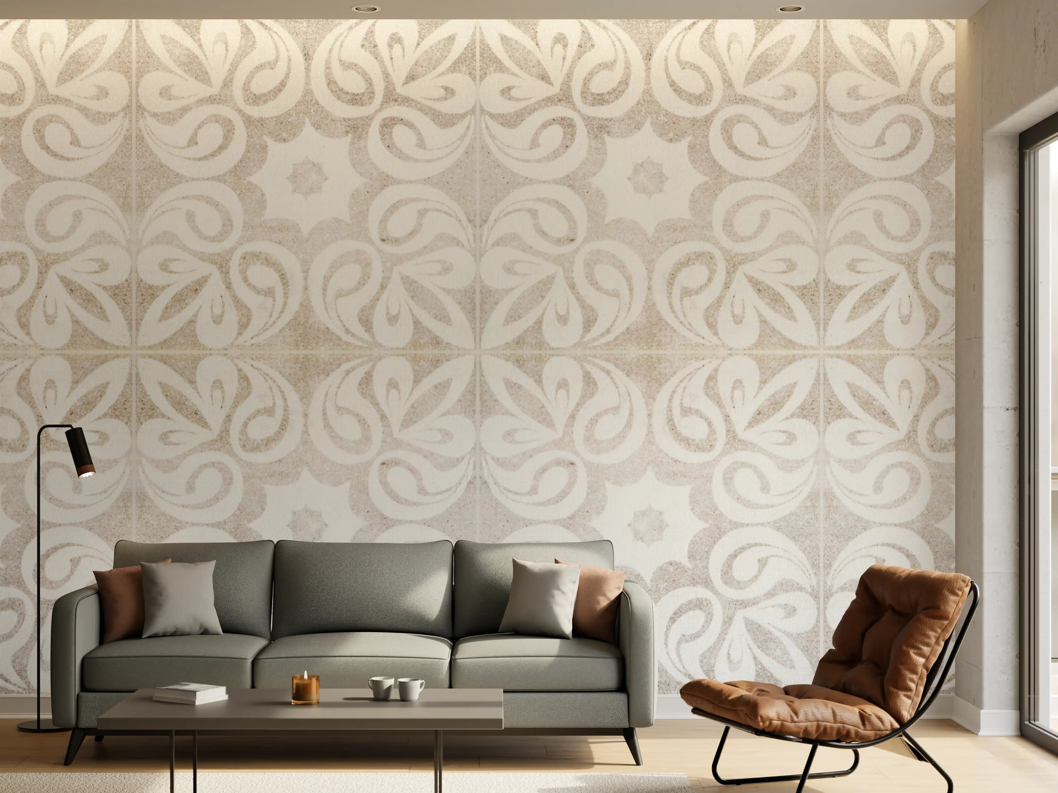 Wandverkleidung Wohnzimmer - Beiges quadratisches Mosaikmotiv