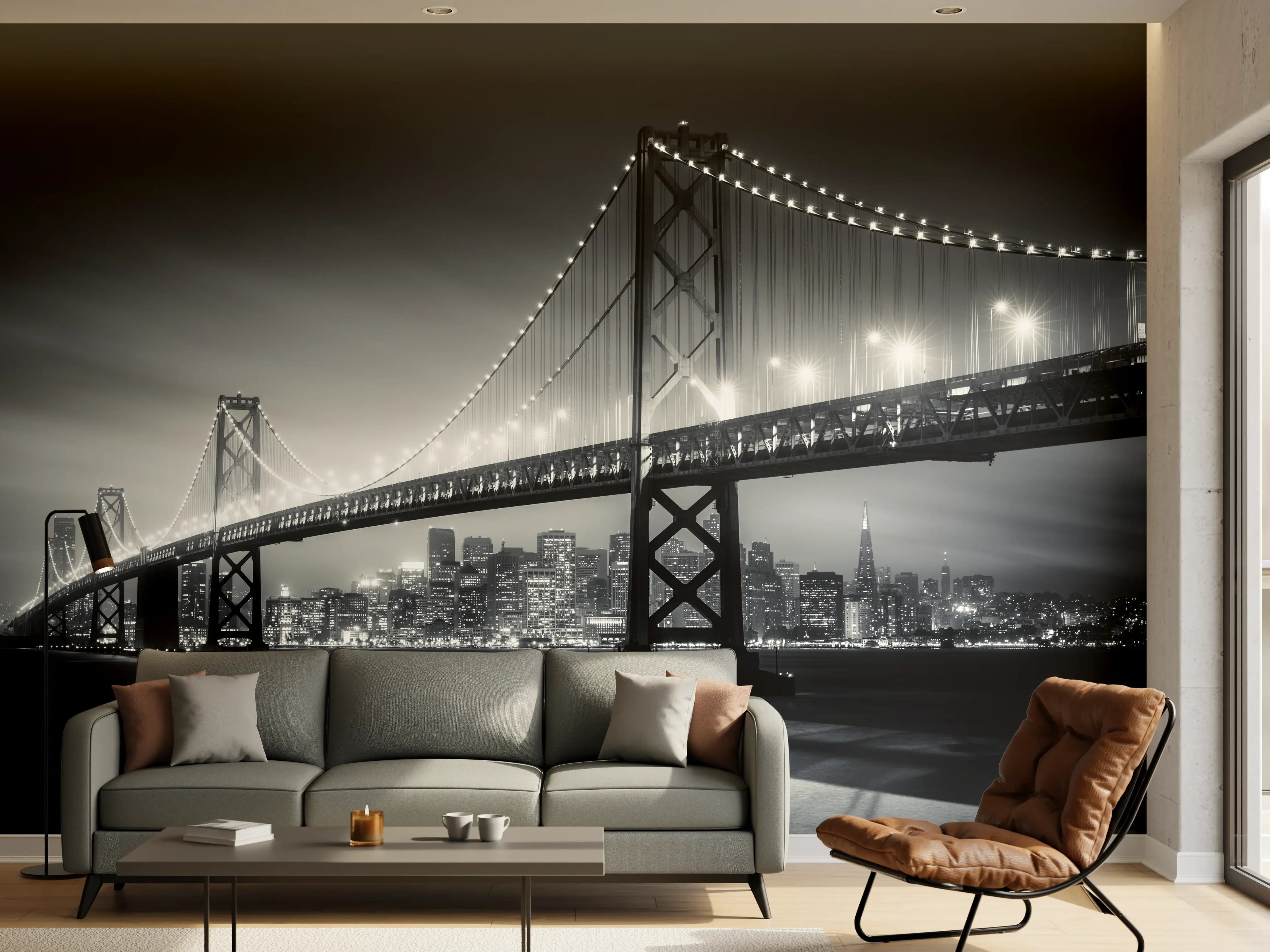 Wandverkleidung Wohnzimmer - Beleuchtete Brücke bei Nacht in Schwarzweiß