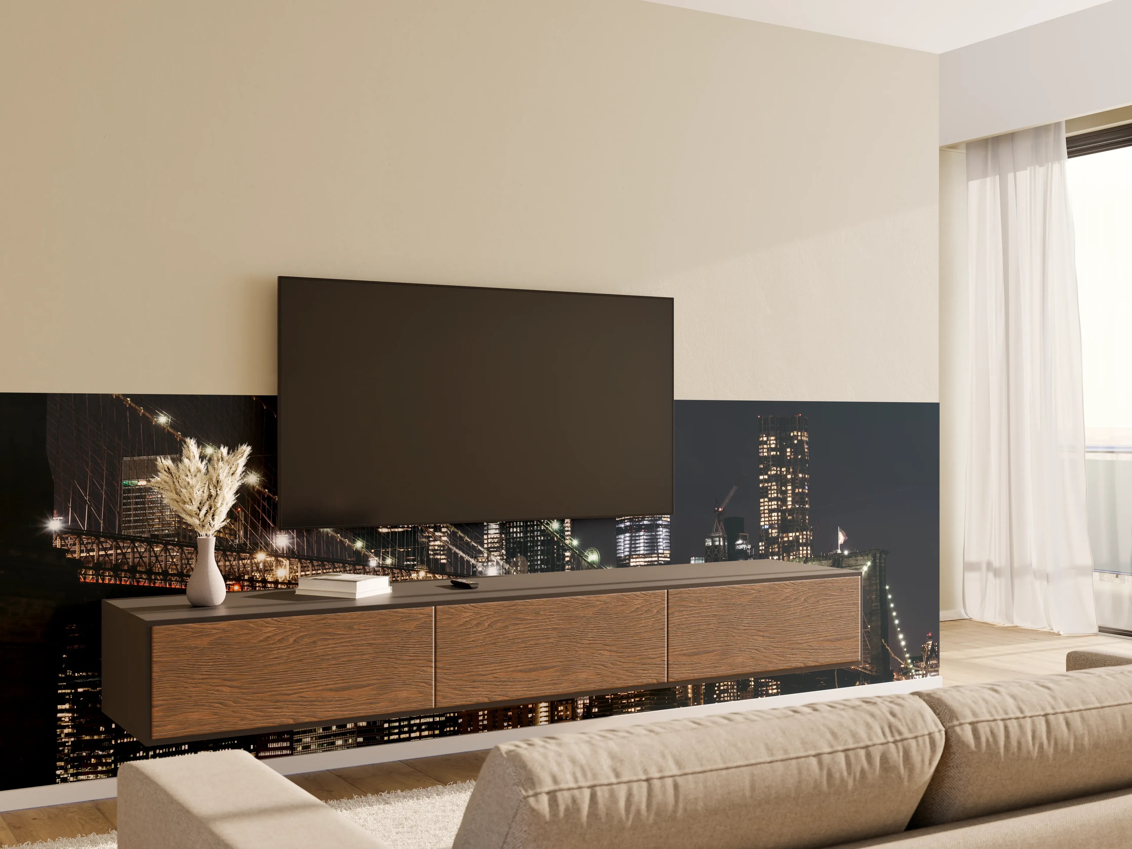 Wandverkleidung Wohnzimmer - Beleuchtete Skyline bei Nacht