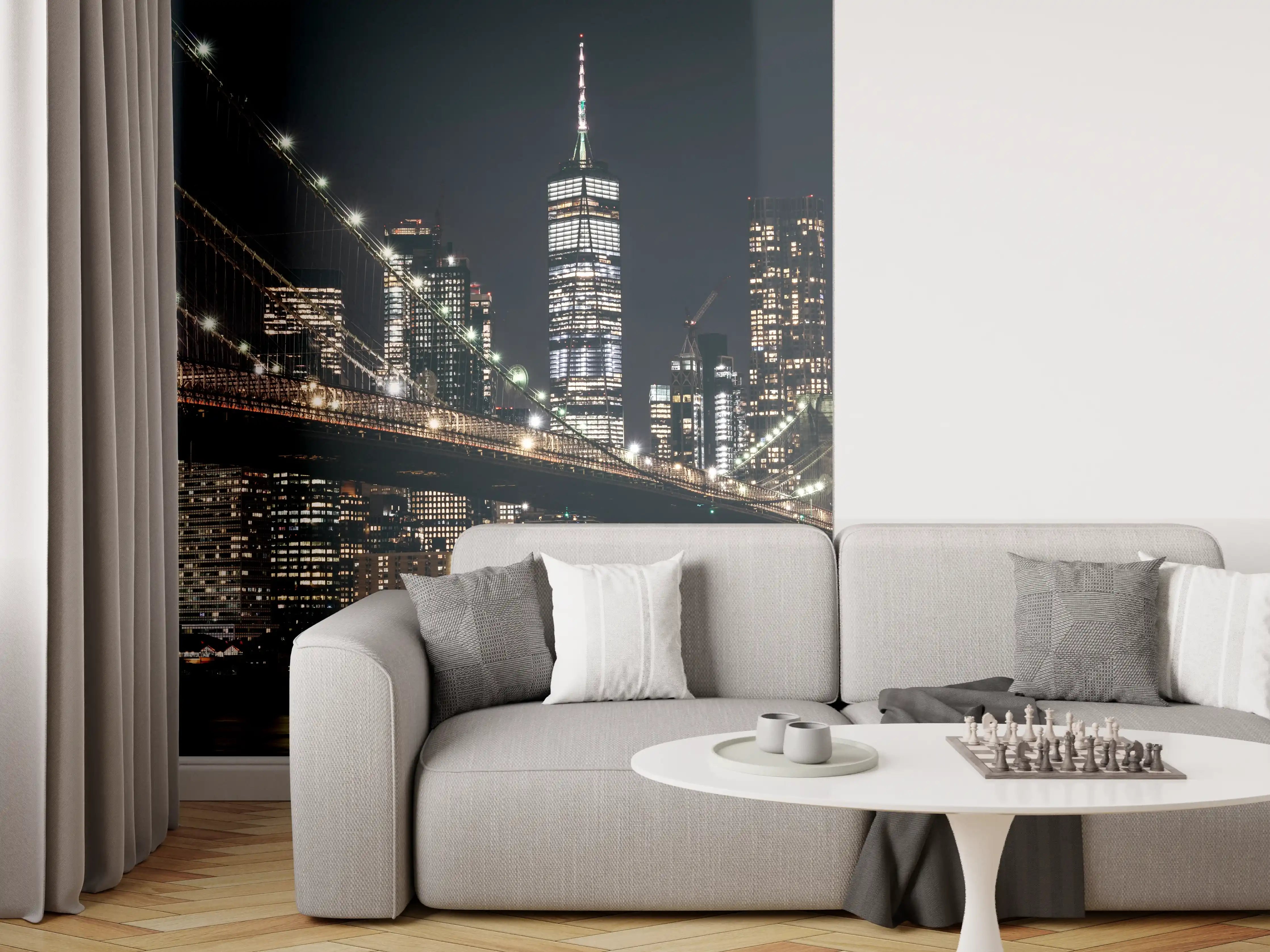 Wandverkleidung Wohnzimmer - Beleuchtete Skyline bei Nacht
