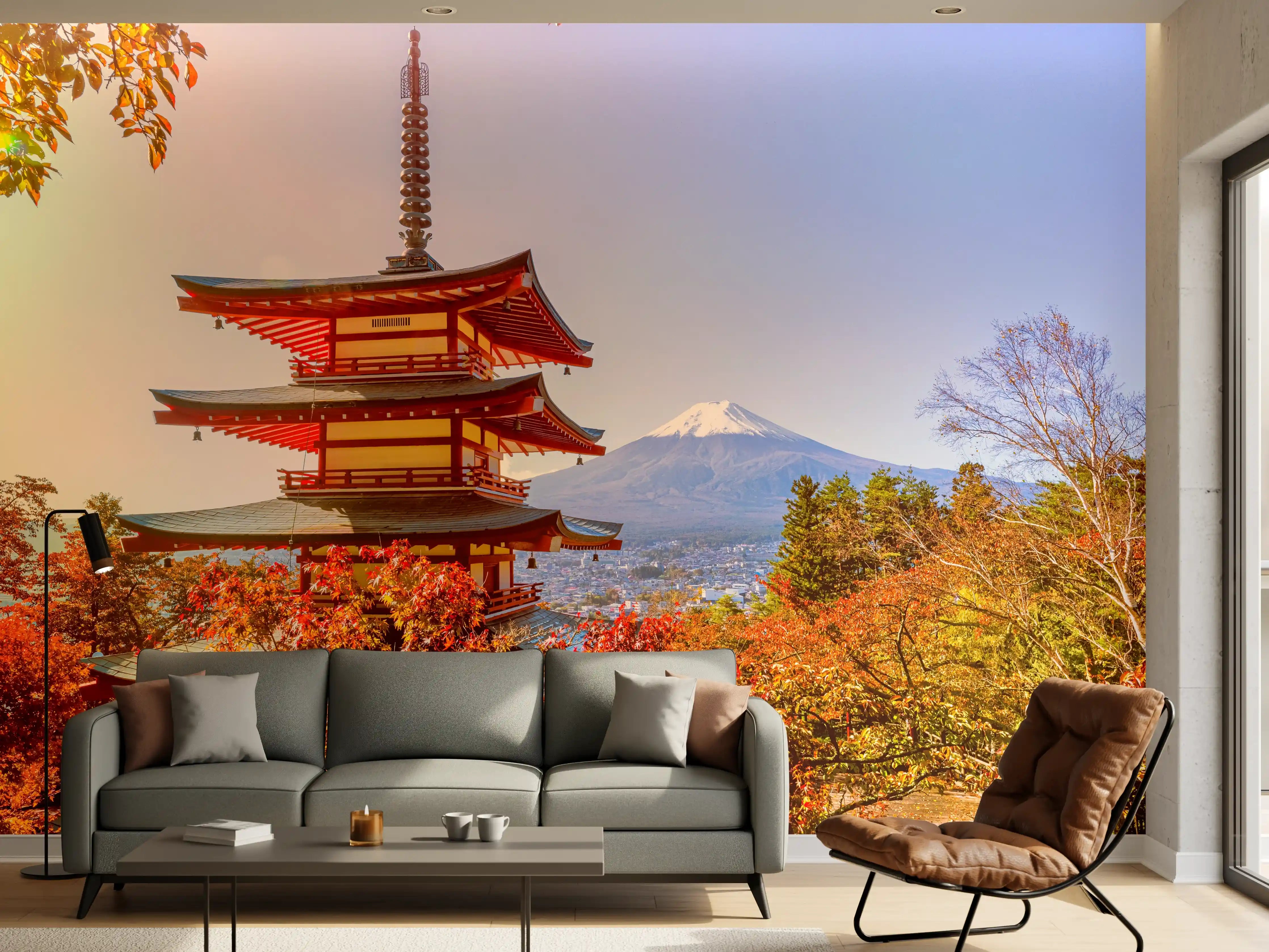 Wandverkleidung Wohnzimmer - Berg Fuji und der traditionelle Chureito-Pagodenschrein
