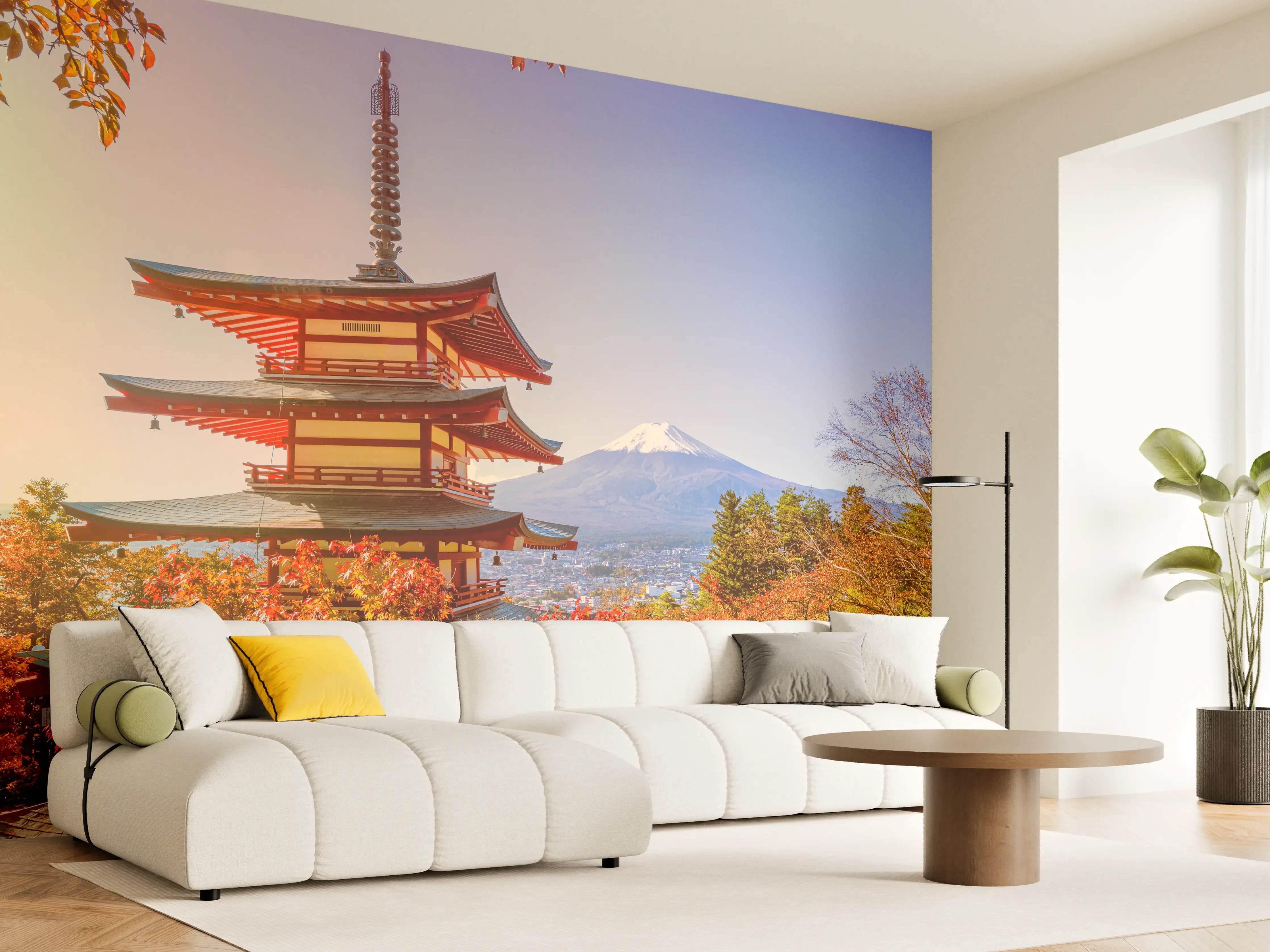 Wandverkleidung Wohnzimmer - Berg Fuji und der traditionelle Chureito-Pagodenschrein