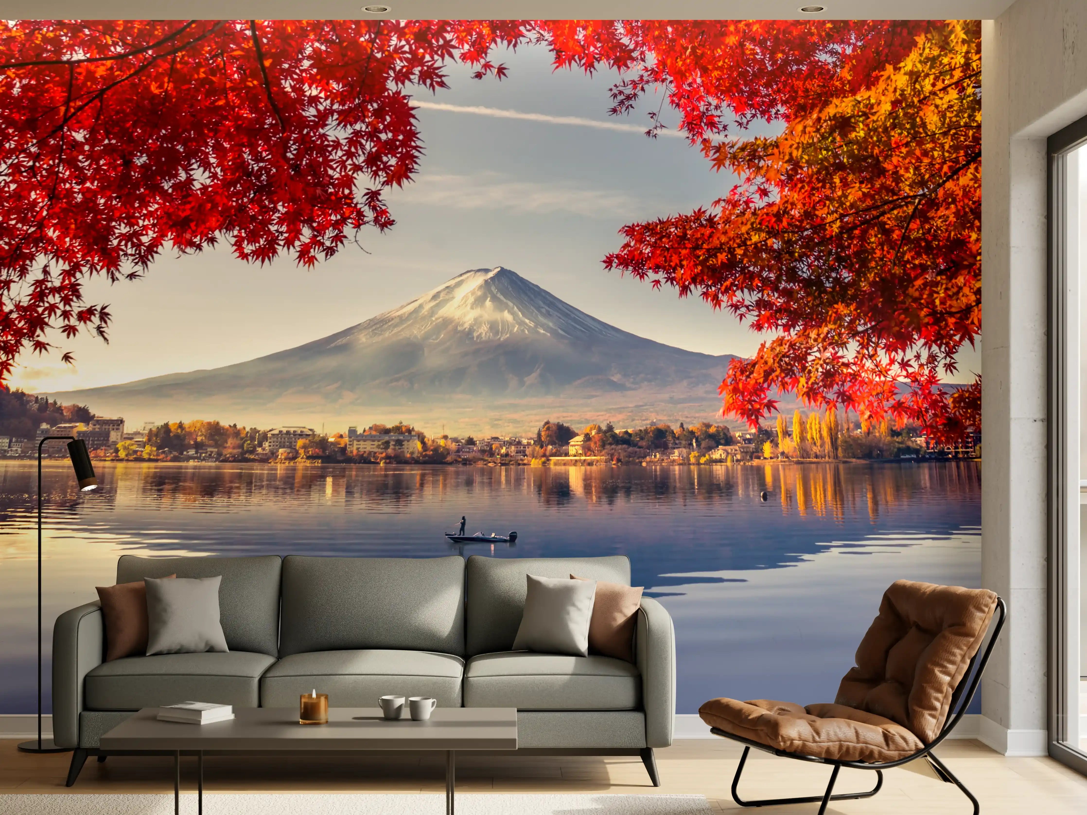 Wandverkleidung Wohnzimmer - Berg im Herbstlicher Seelandschaftsfine Art