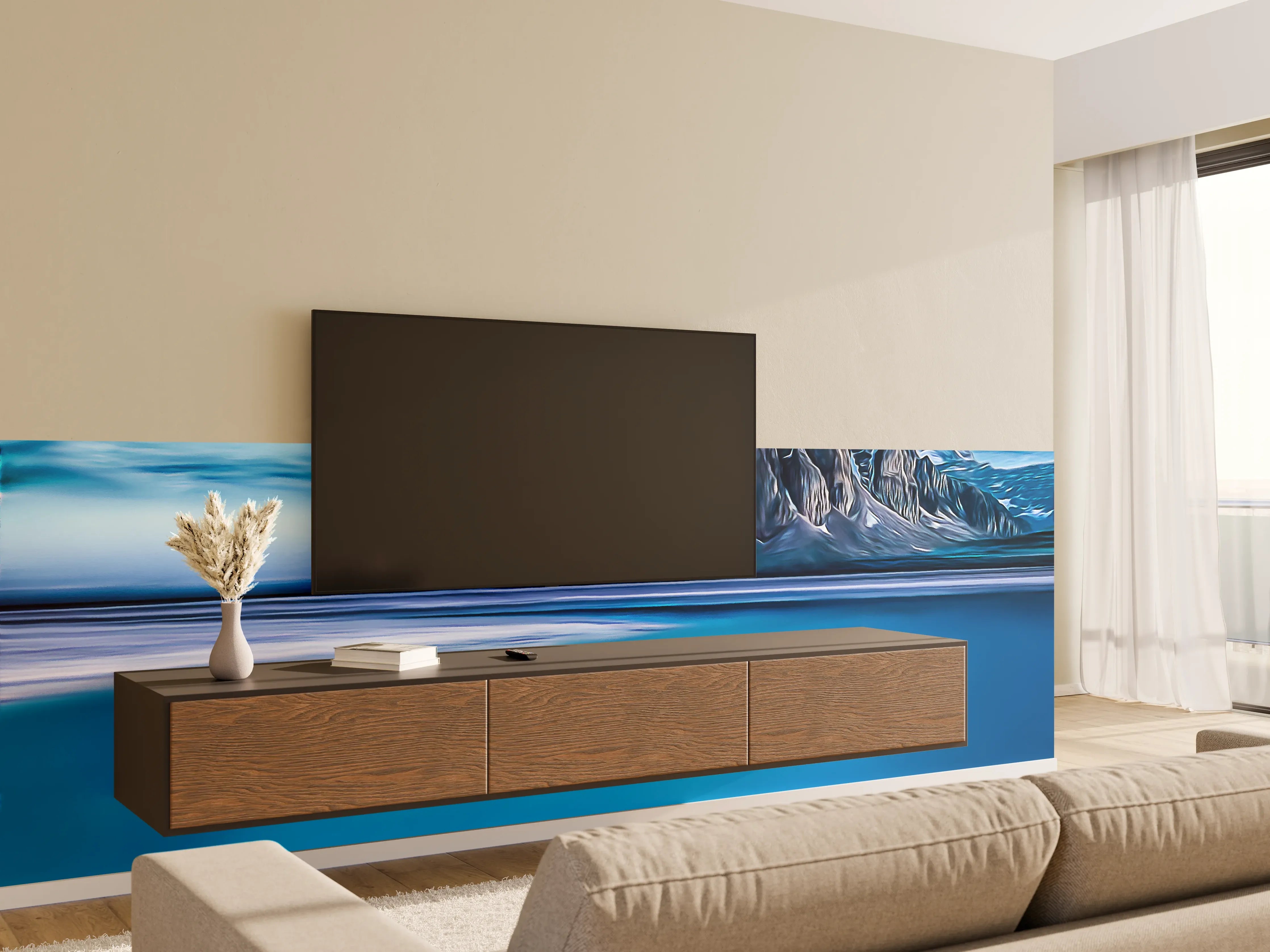Wandverkleidung Wohnzimmer - Berg im Meer bei Dämmerung