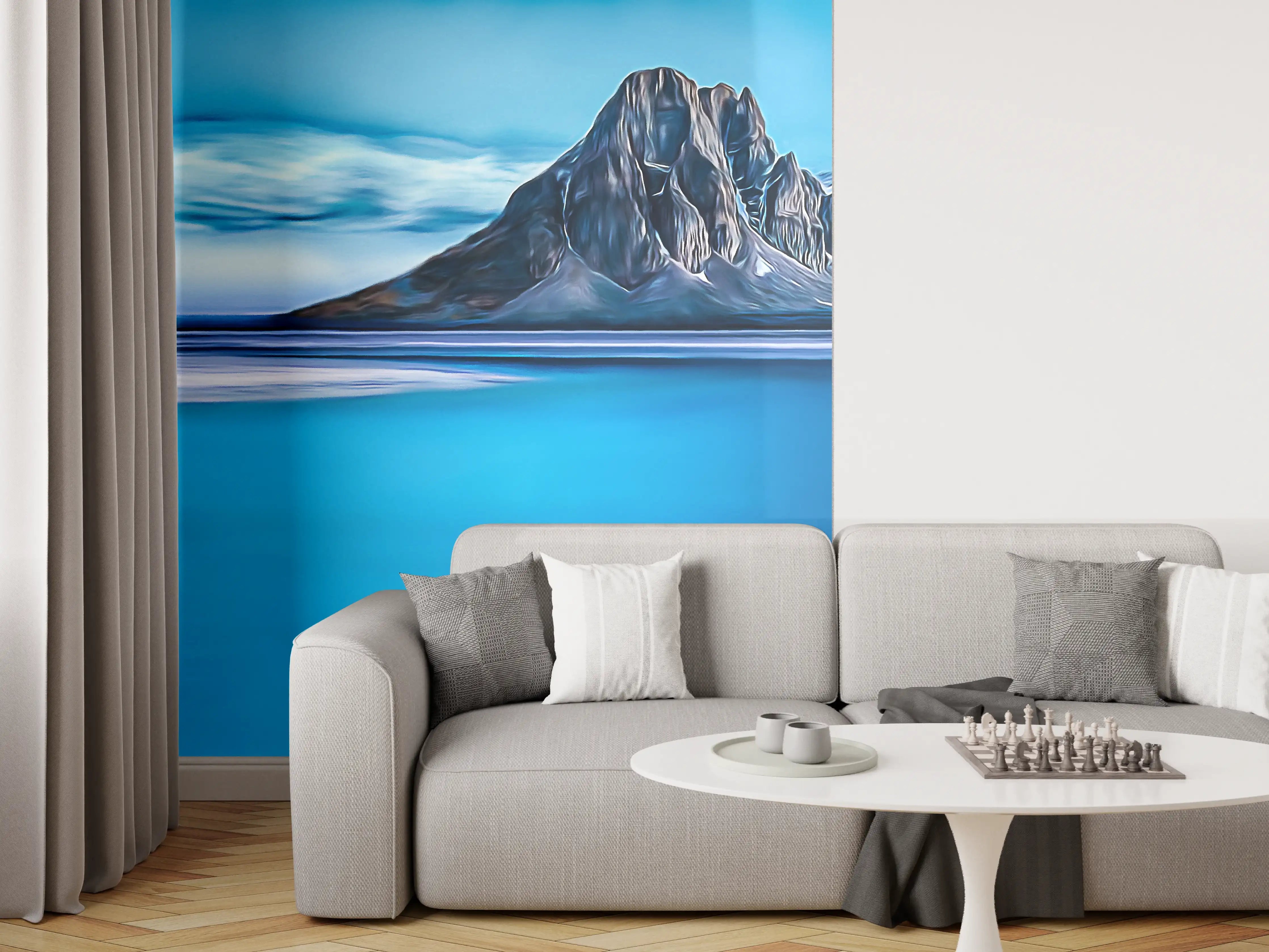 Wandverkleidung Wohnzimmer - Berg im Meer bei Dämmerung