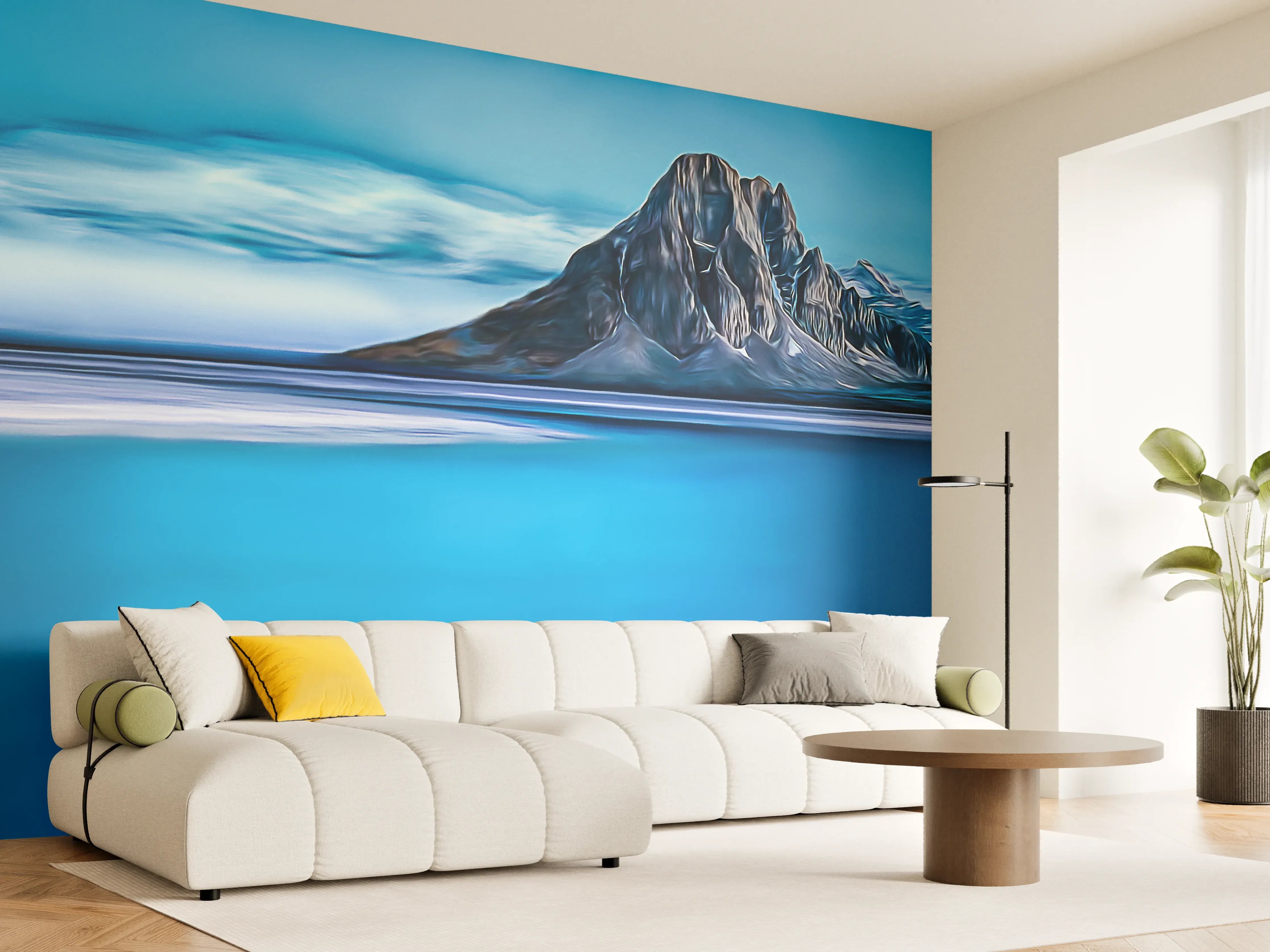 Wandverkleidung Wohnzimmer - Berg im Meer bei Dämmerung