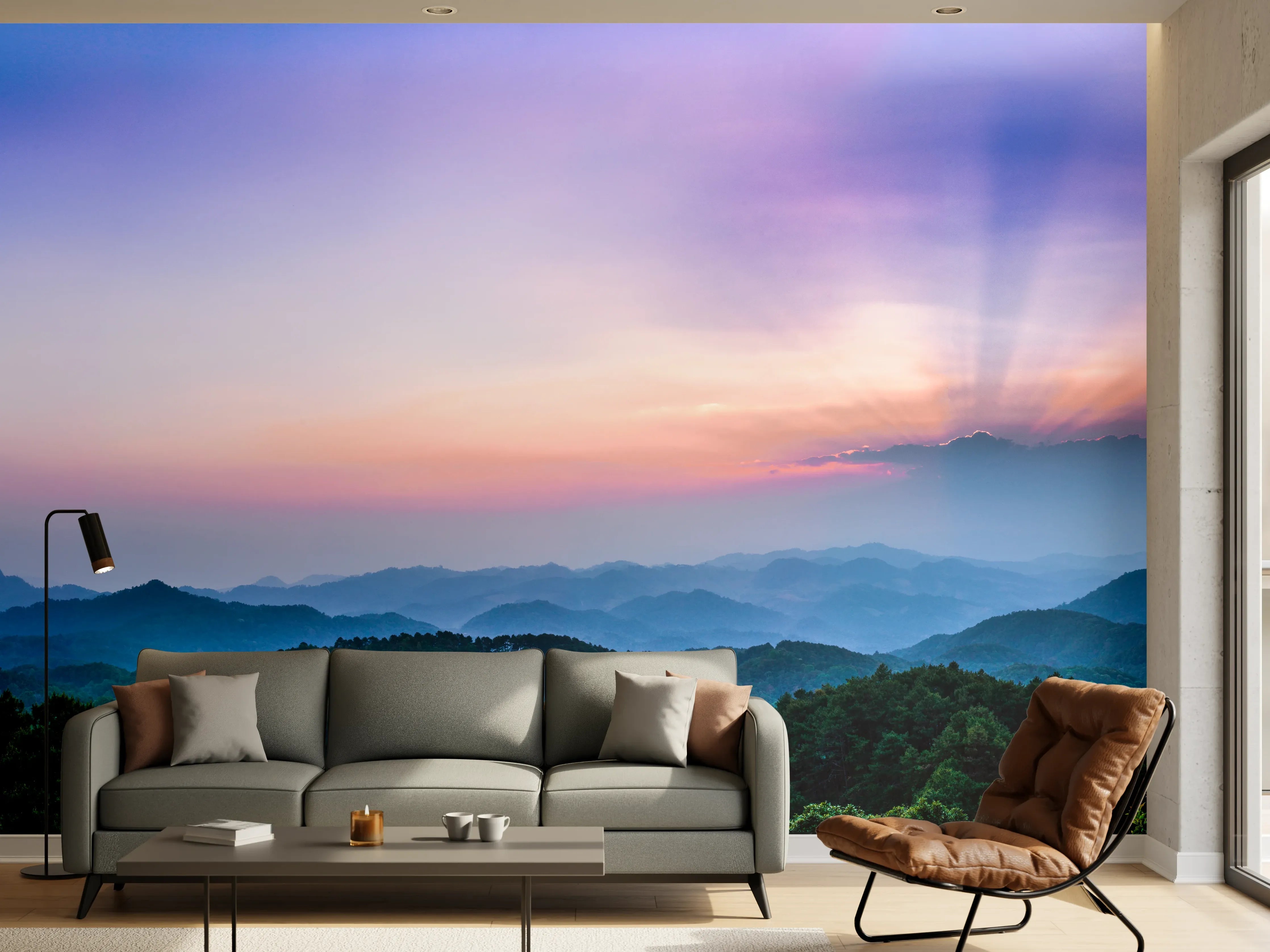 Wandverkleidung Wohnzimmer - Bergblick mit Sonnenstrahl