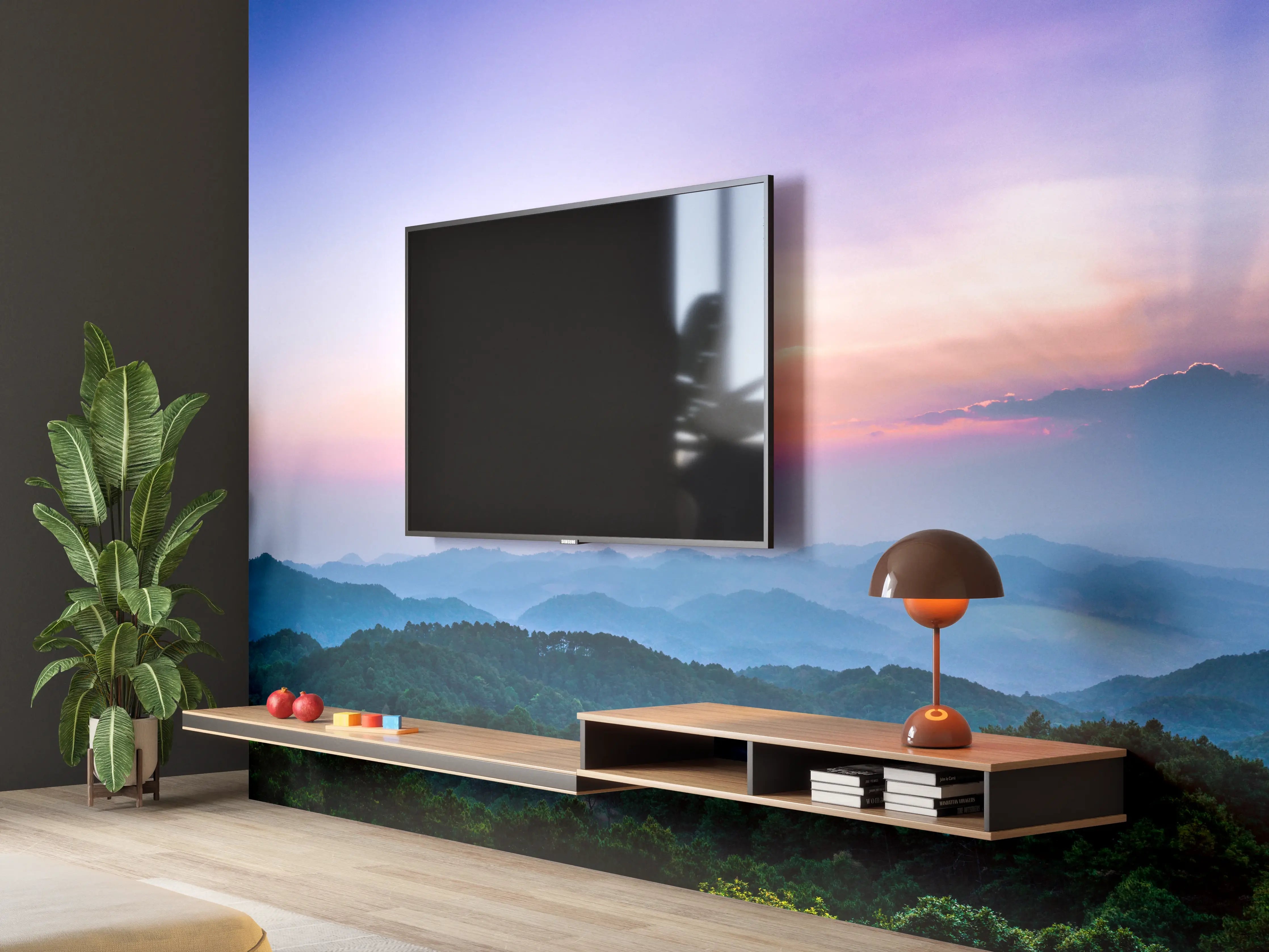 Wandverkleidung Wohnzimmer - Bergblick mit Sonnenstrahl