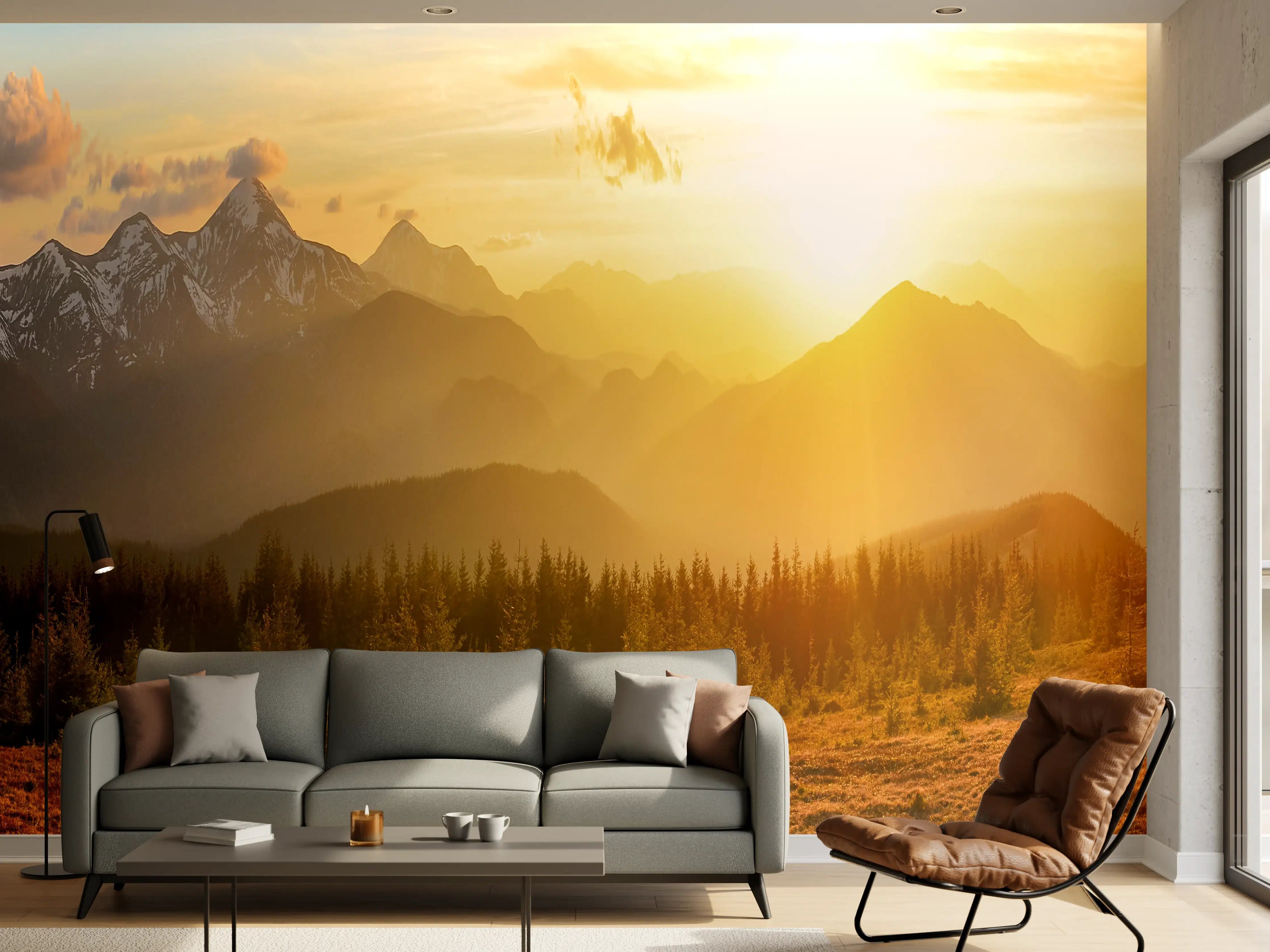 Wandverkleidung Wohnzimmer - Berge im Sonnenuntergang