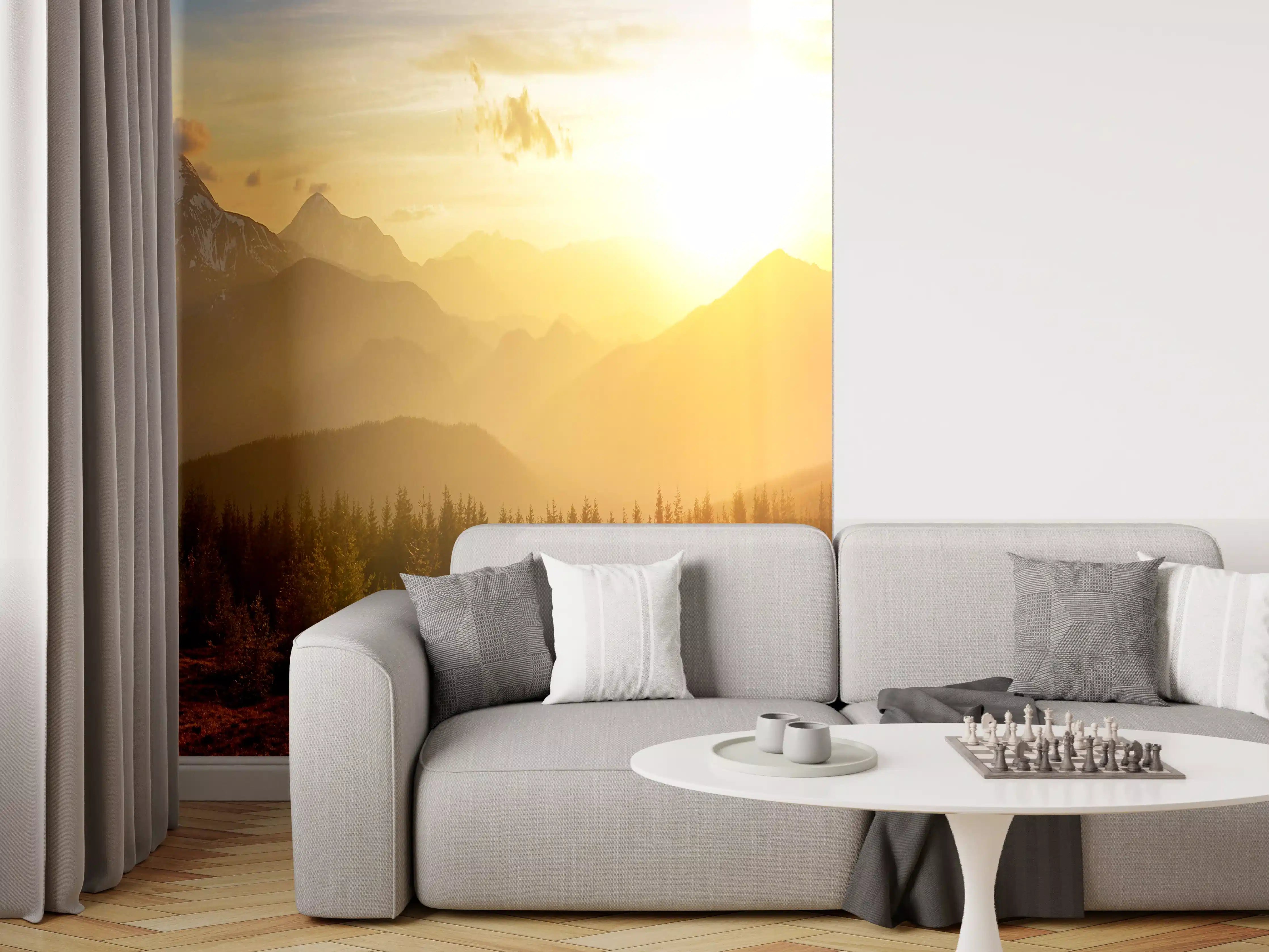 Wandverkleidung Wohnzimmer - Berge im Sonnenuntergang