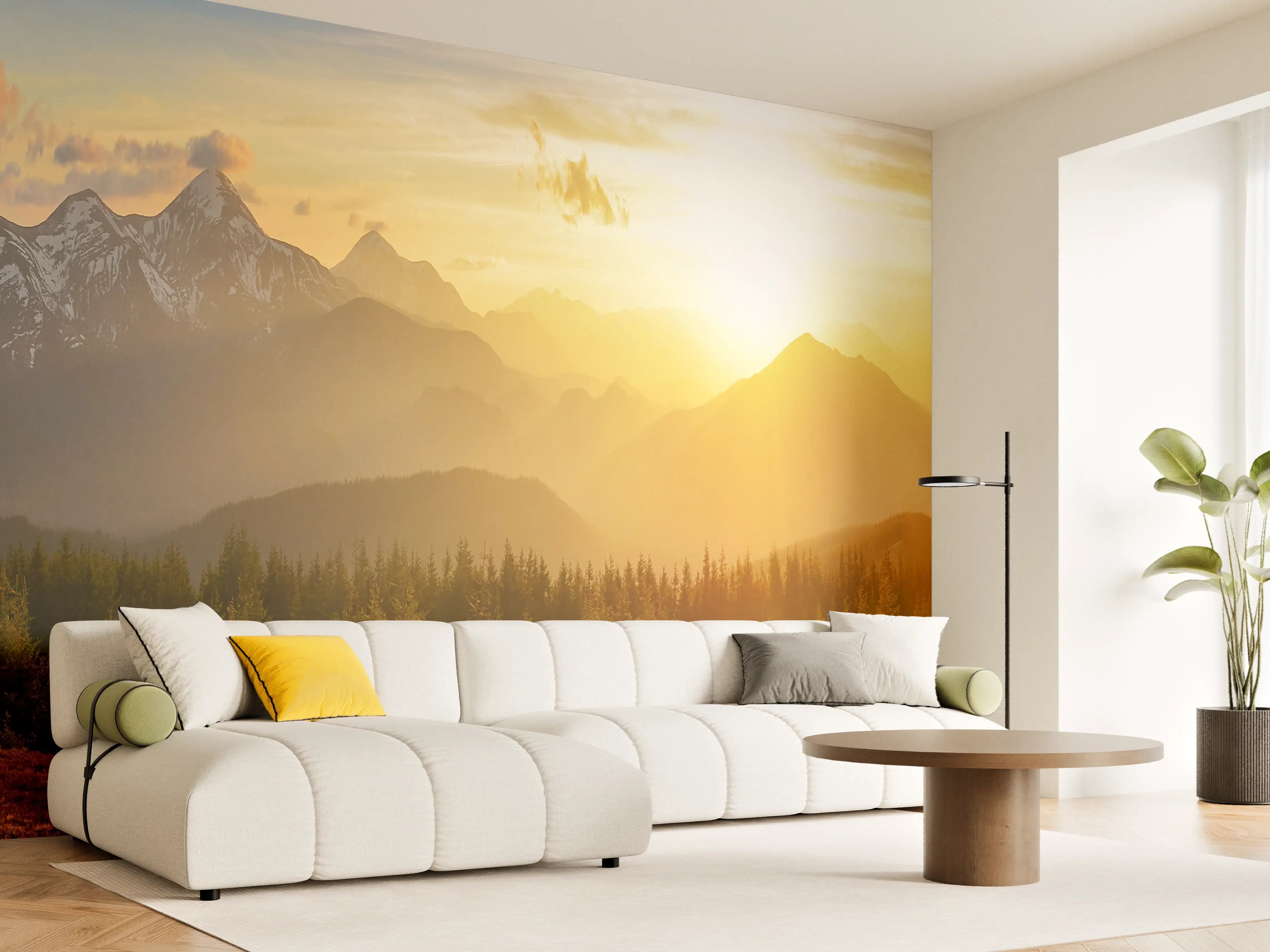 Wandverkleidung Wohnzimmer - Berge im Sonnenuntergang