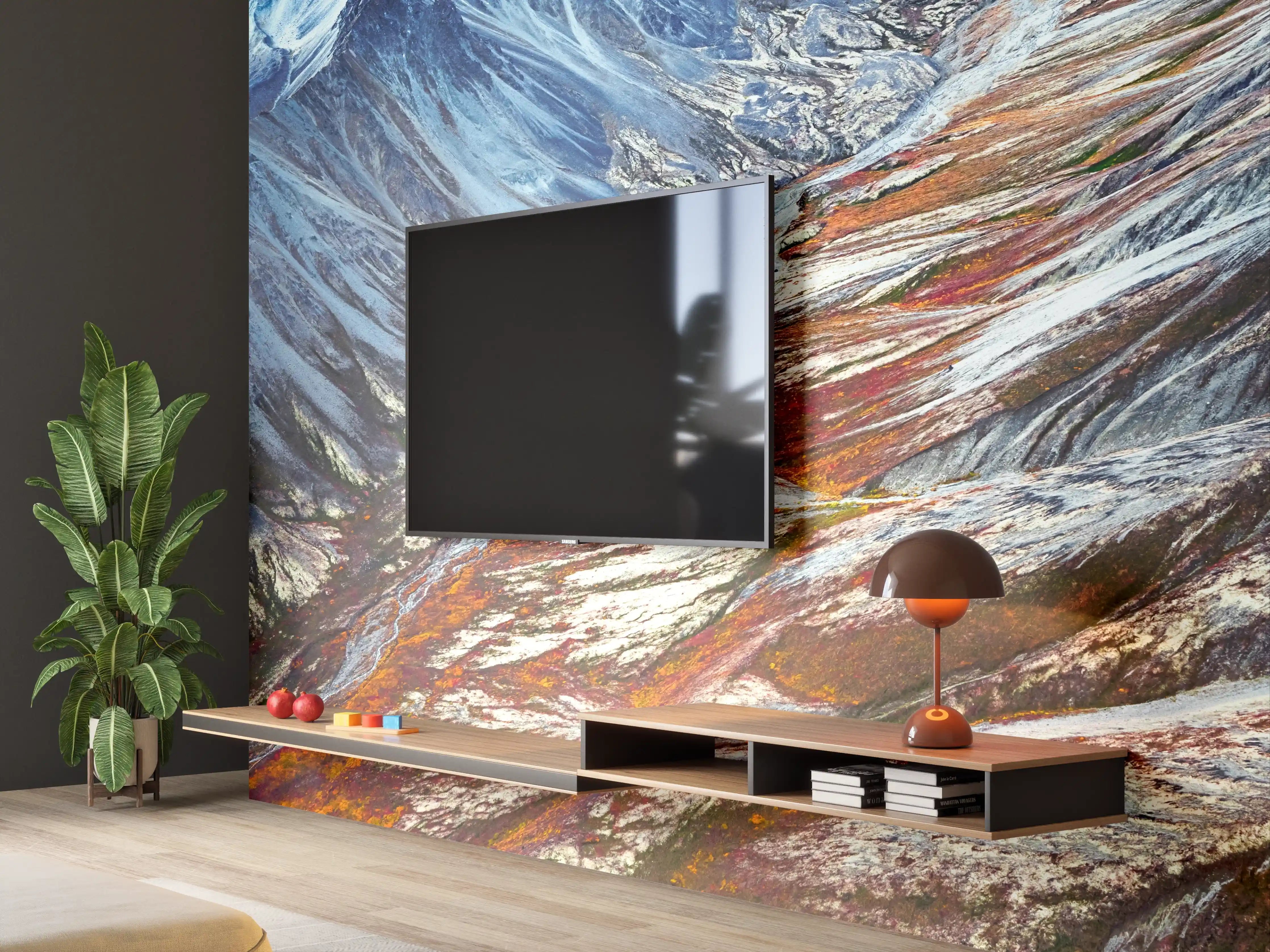 Wandverkleidung Wohnzimmer - Berglandschaft mit Fluss und Gletschern