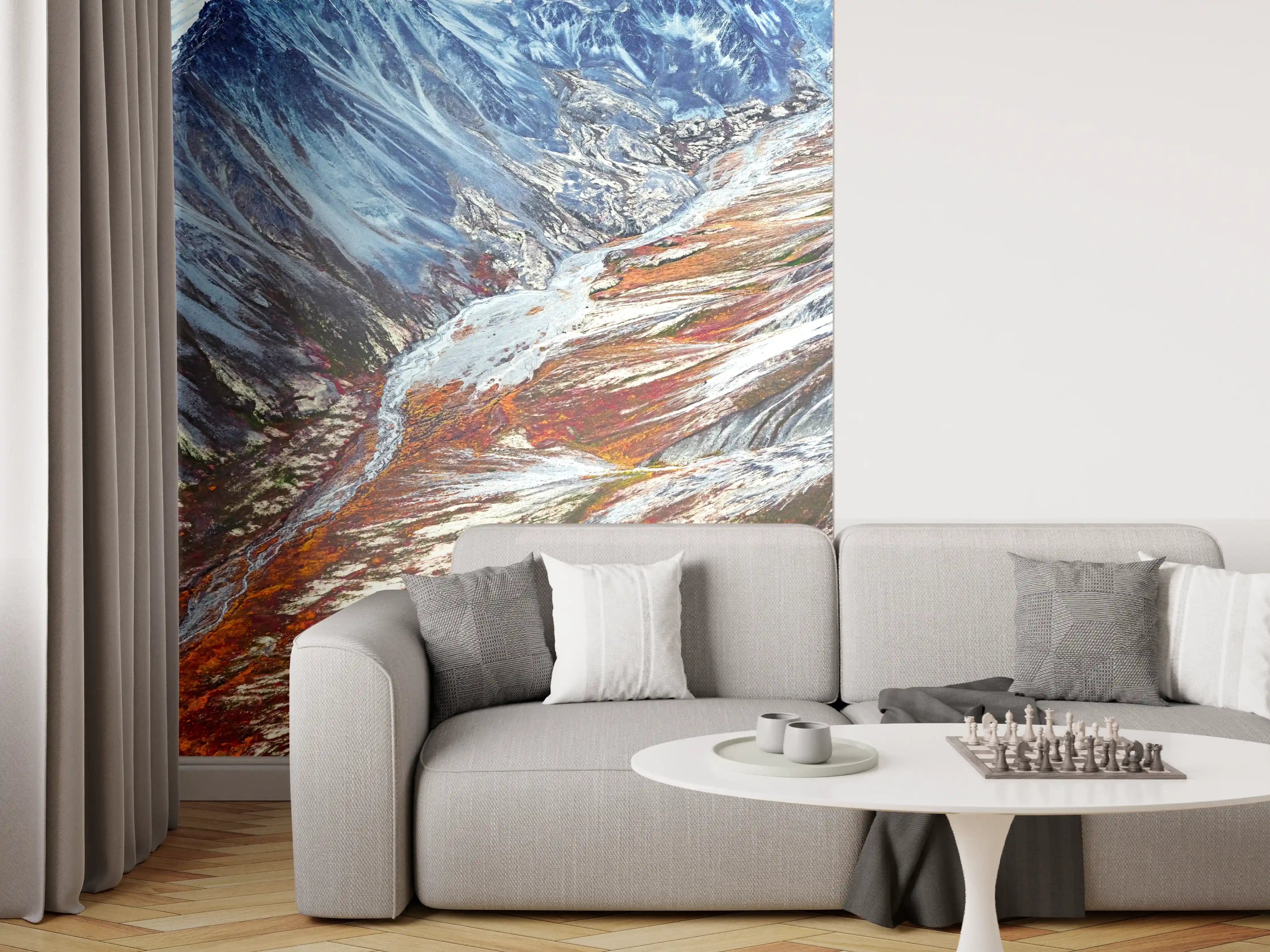 Wandverkleidung Wohnzimmer - Berglandschaft mit Fluss und Gletschern