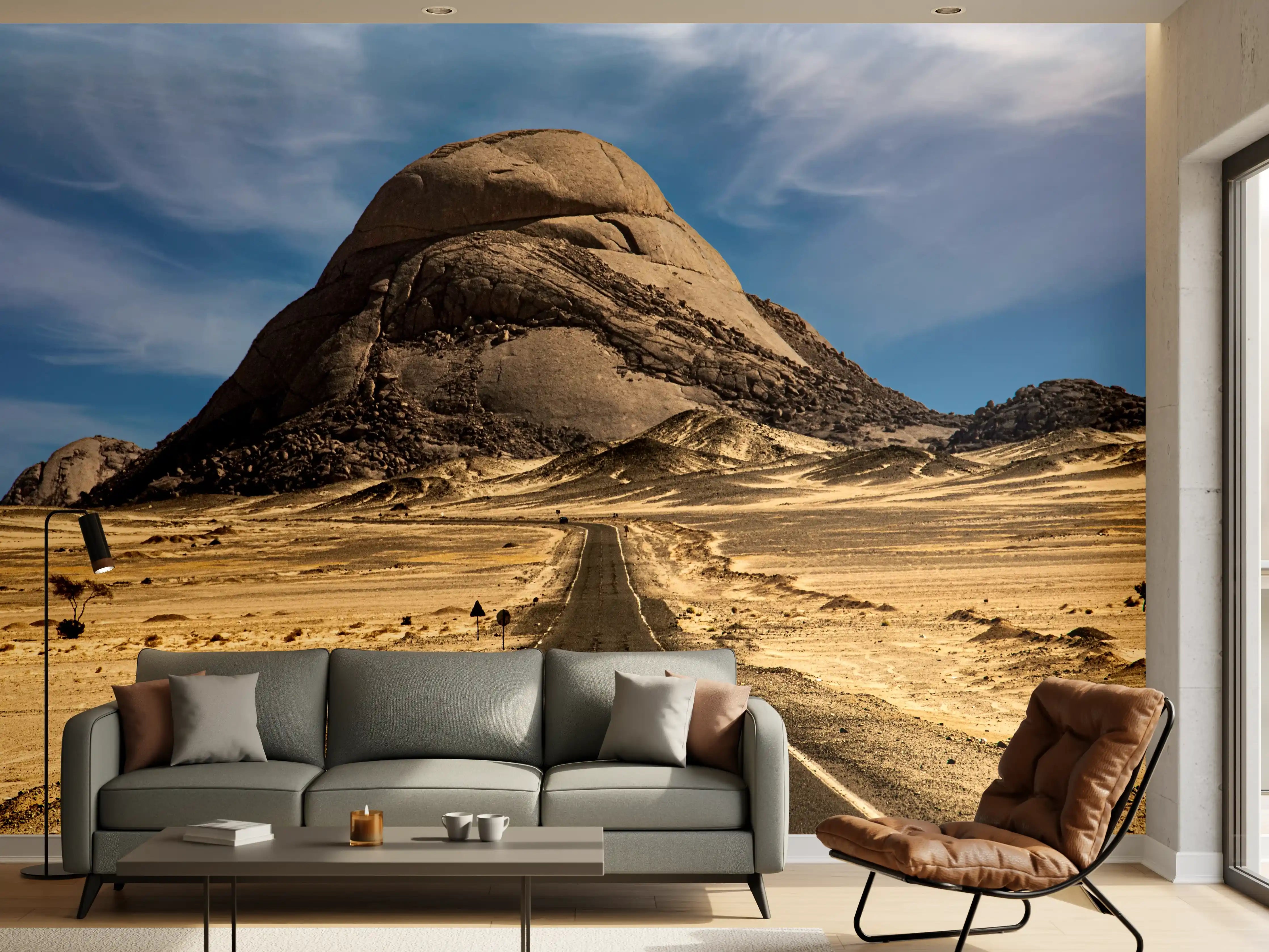 Wandverkleidung Wohnzimmer - Berglandschaft mit Straße unter blauem Himmel