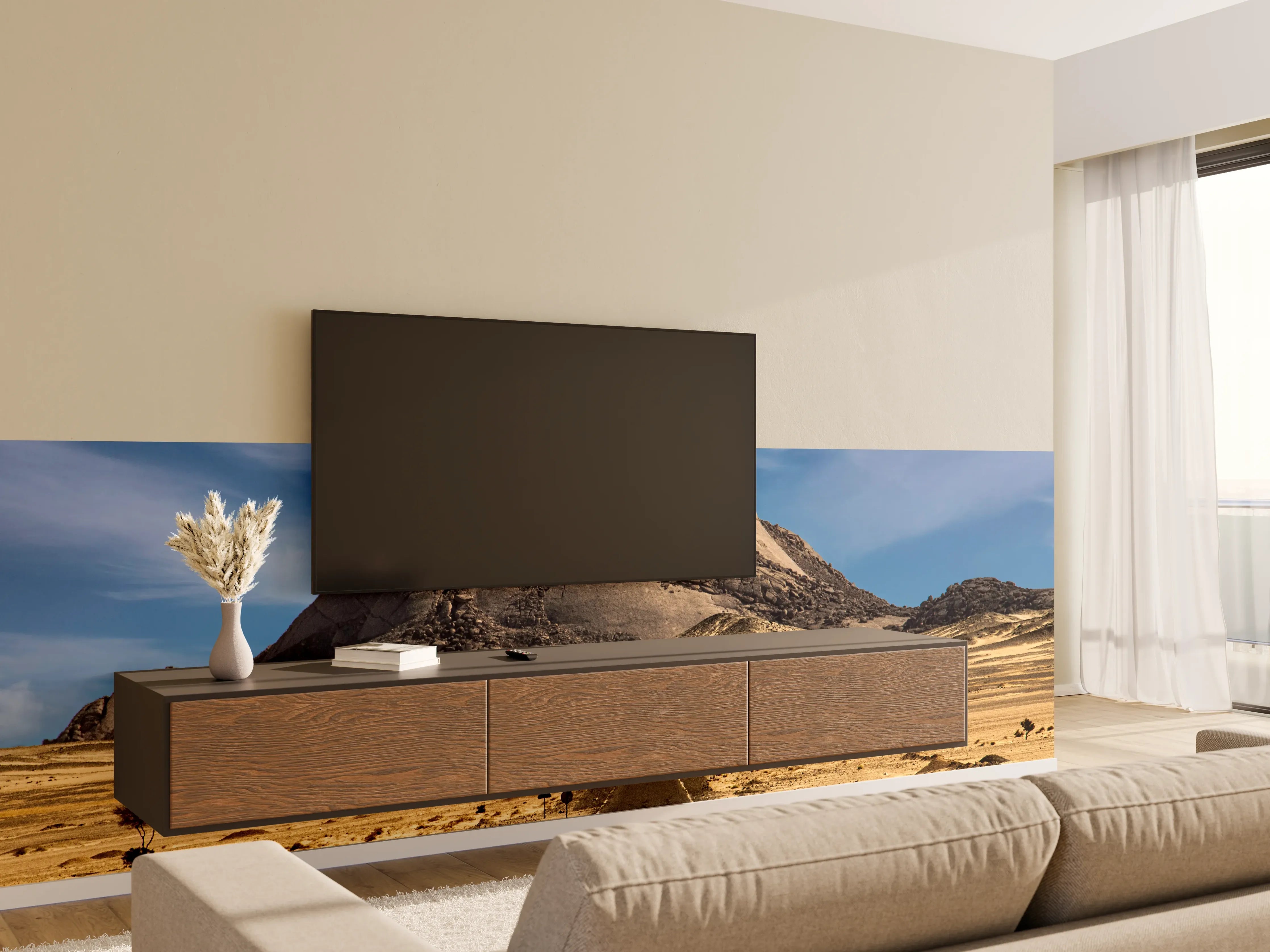 Wandverkleidung Wohnzimmer - Berglandschaft mit Straße unter blauem Himmel