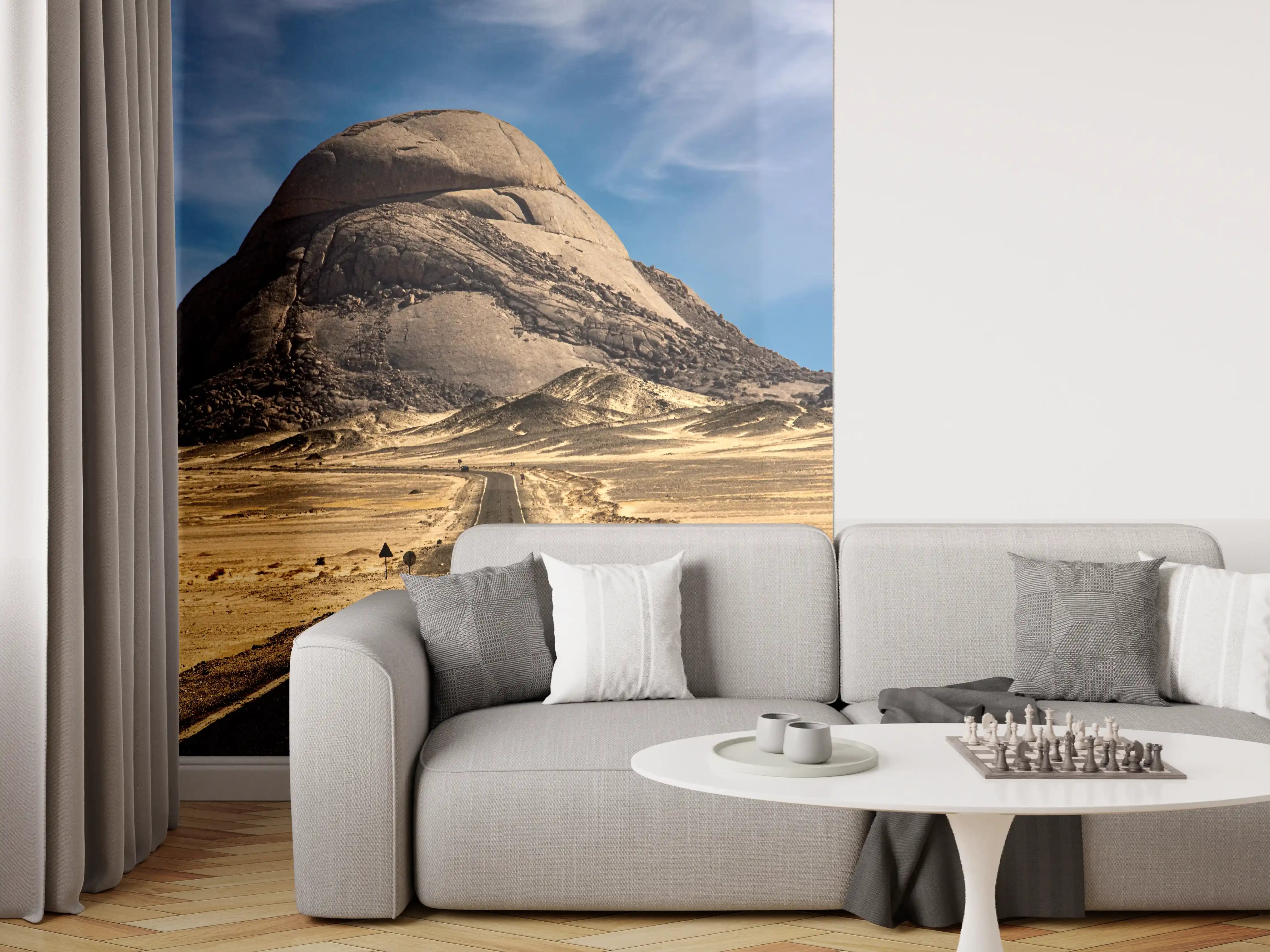 Wandverkleidung Wohnzimmer - Berglandschaft mit Straße unter blauem Himmel