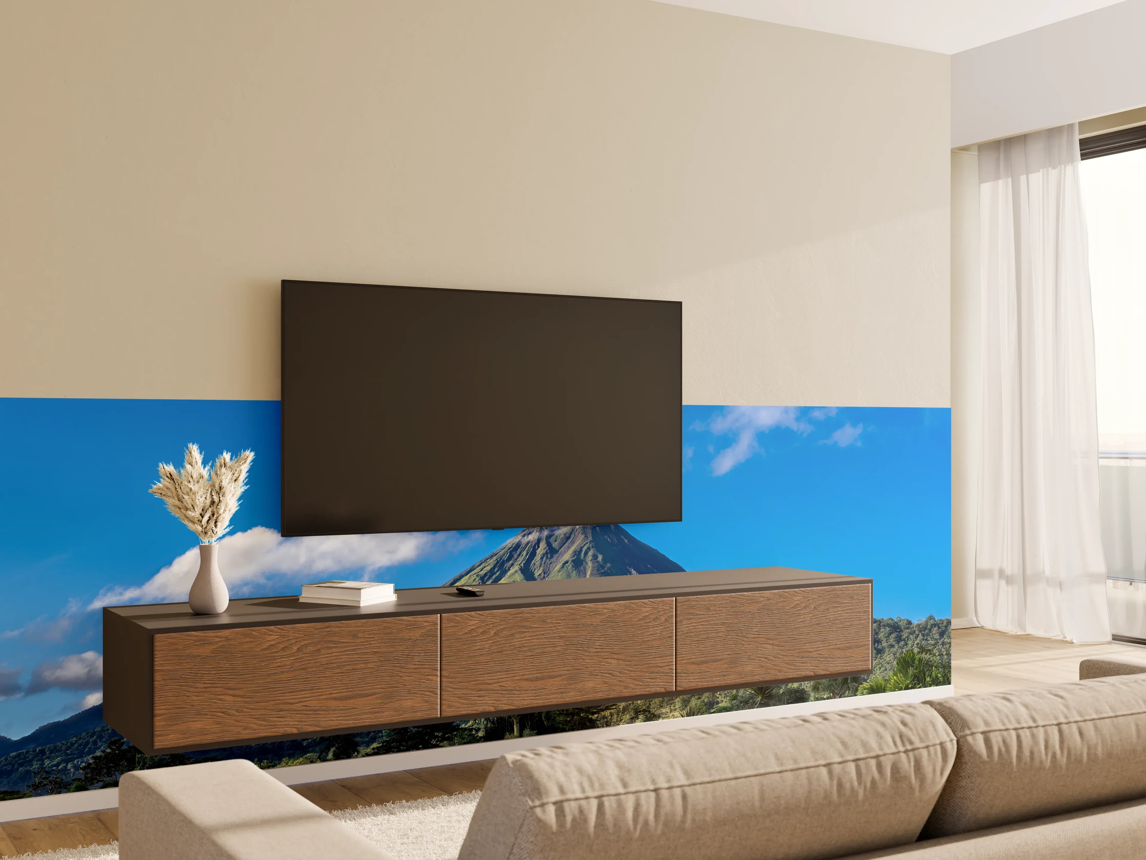 Wandverkleidung Wohnzimmer - Berglandschaft mit Vulkan und blauer Himmel