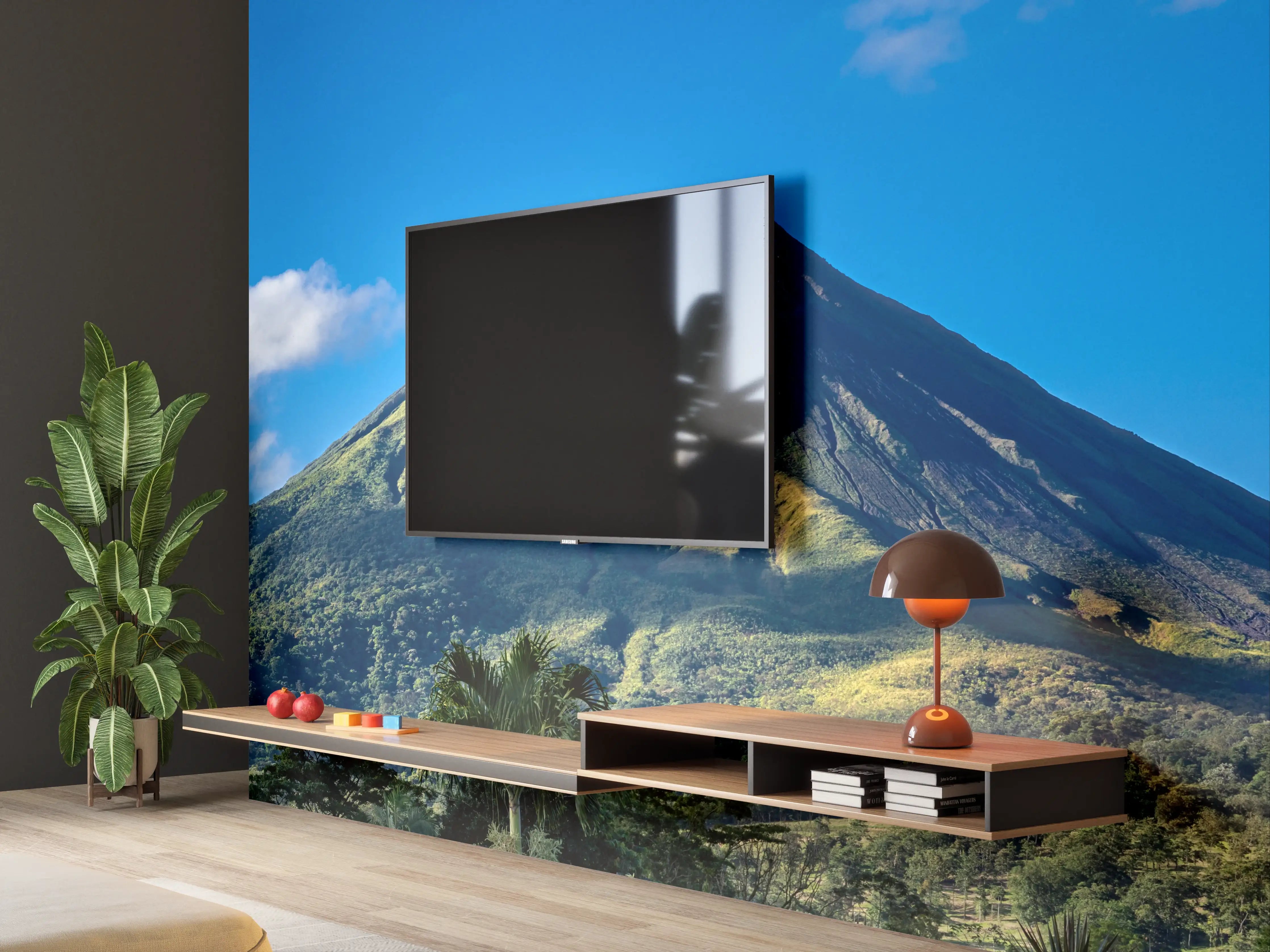 Wandverkleidung Wohnzimmer - Berglandschaft mit Vulkan und blauer Himmel