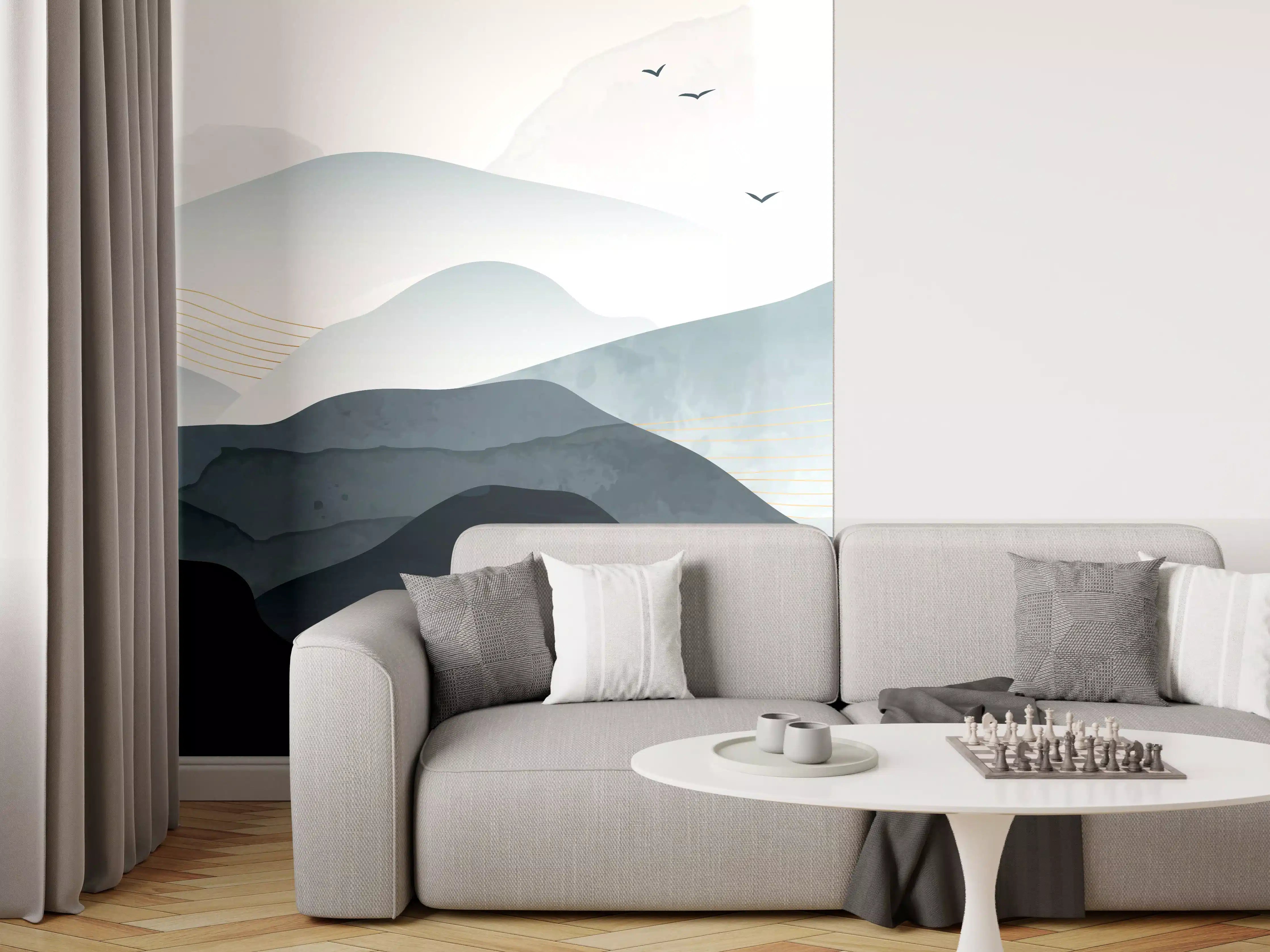 Wandverkleidung Wohnzimmer - Berglandschaft mit roter Sonne
