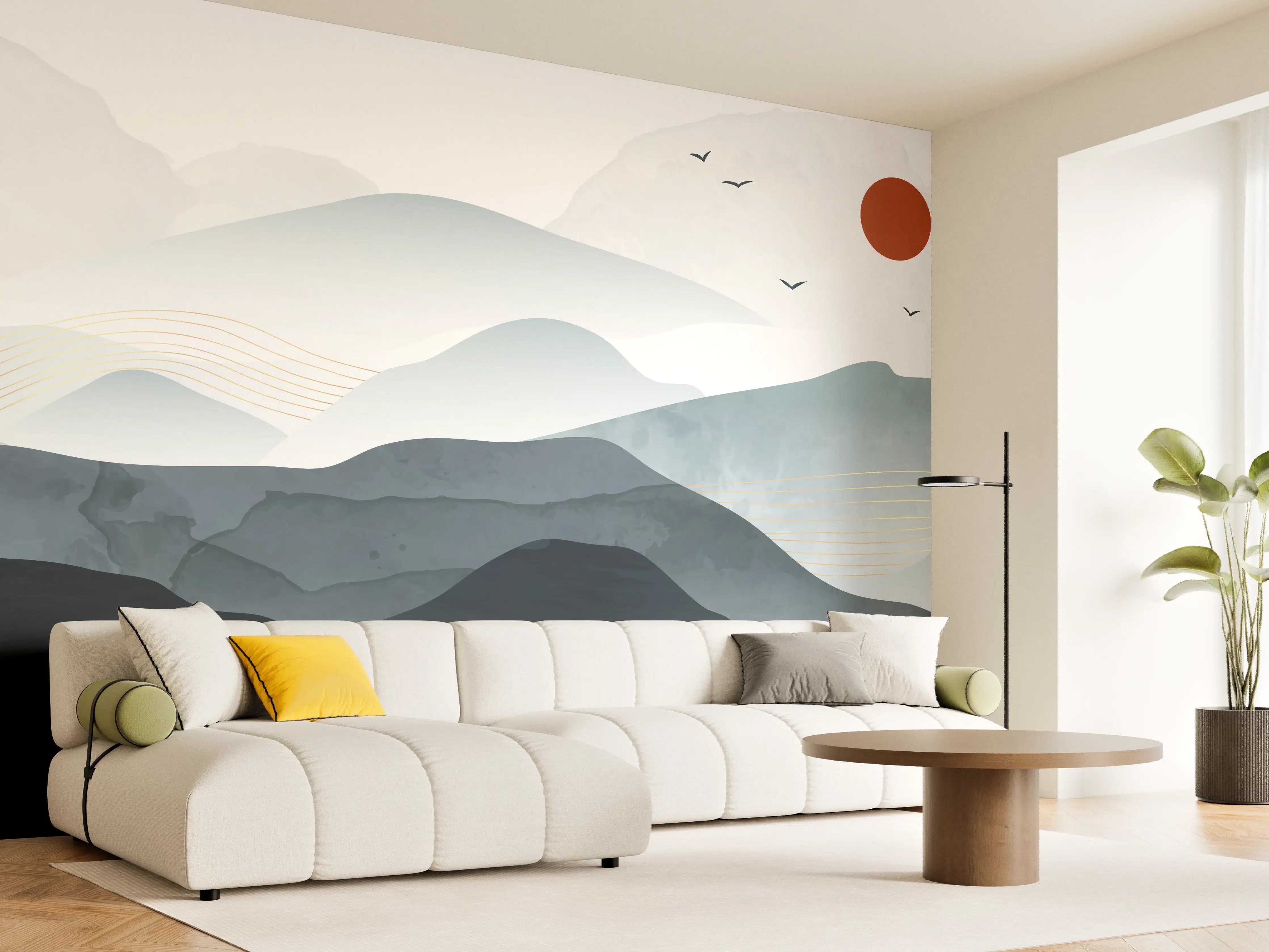 Wandverkleidung Wohnzimmer - Berglandschaft mit roter Sonne