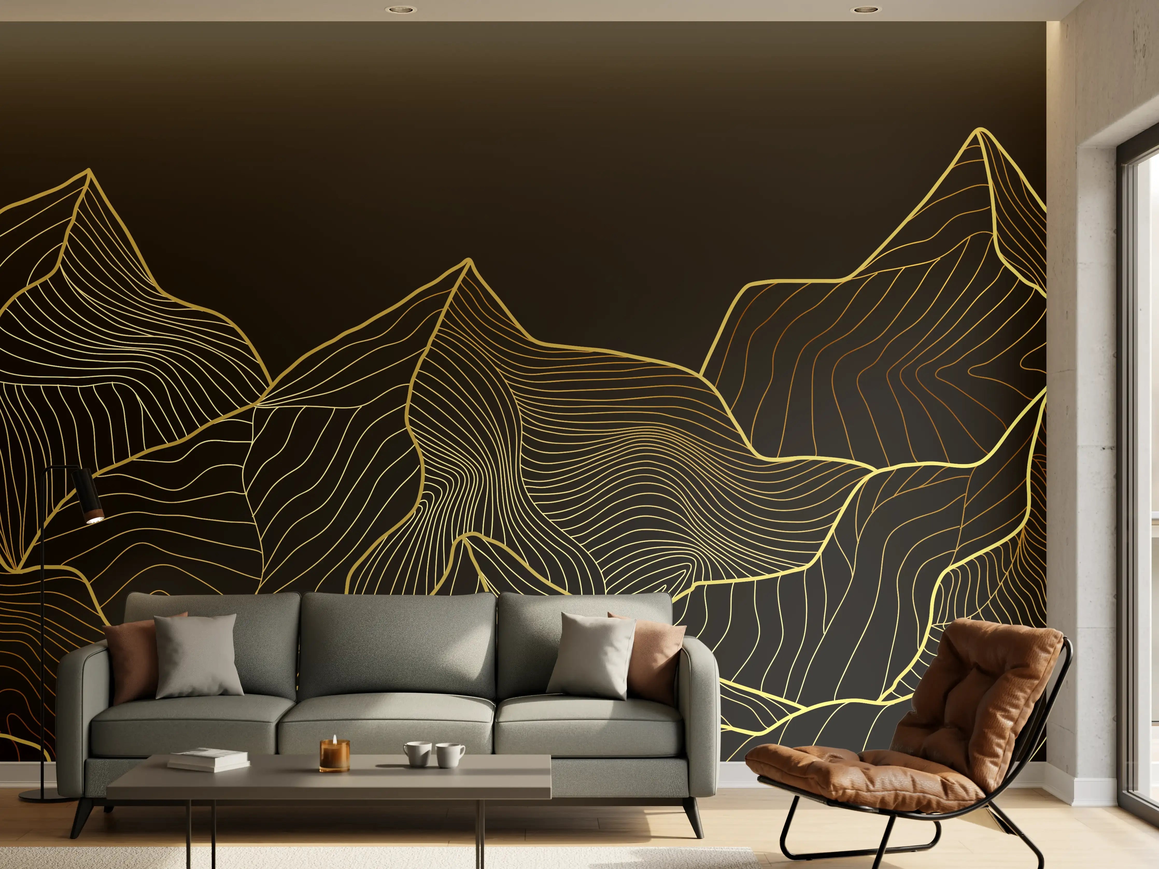 Wandverkleidung Wohnzimmer - Berglinien Gold Schwarz