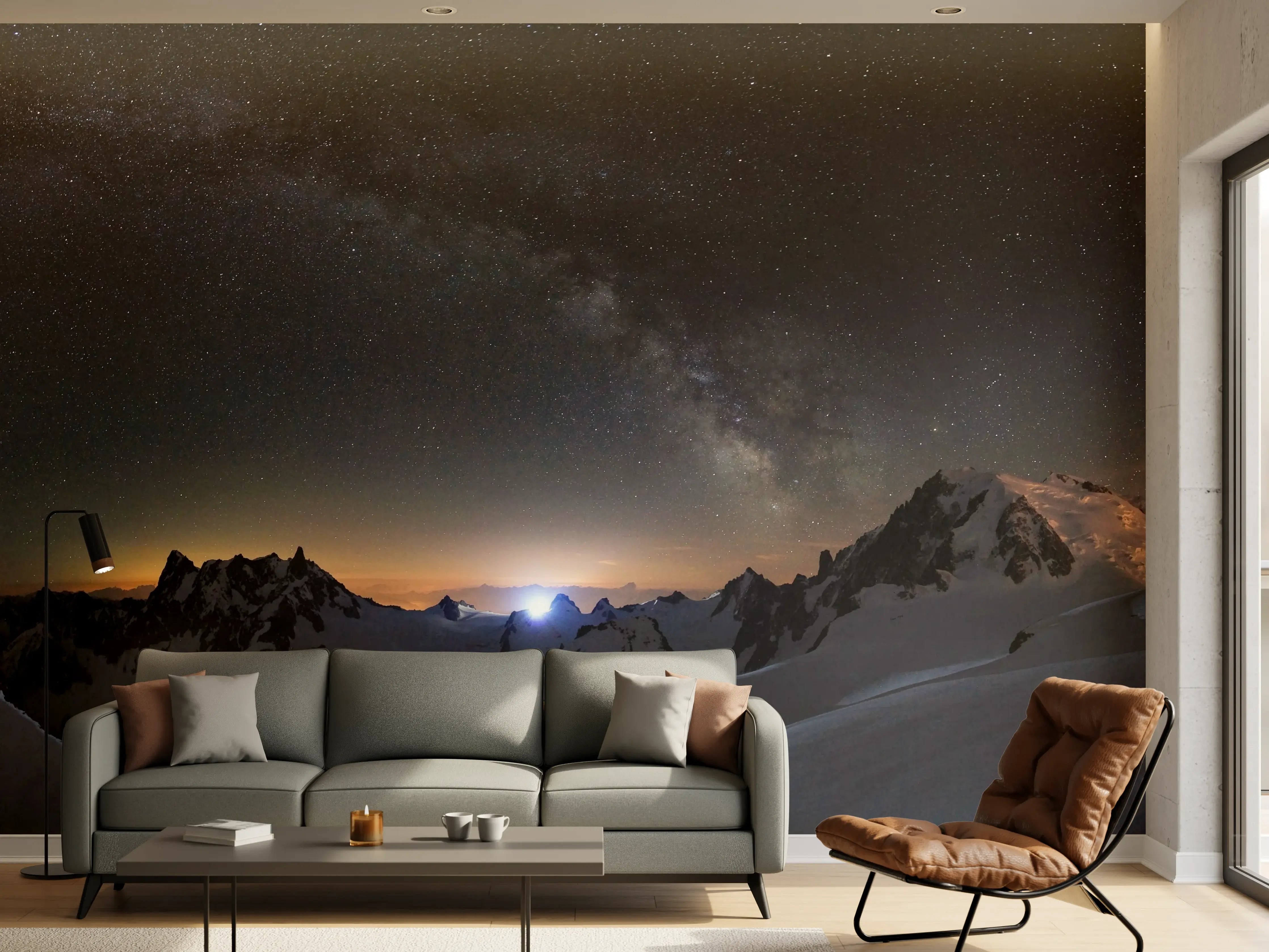 Wandverkleidung Wohnzimmer - Bergpanorama bei Nacht mit Sternenhimmel