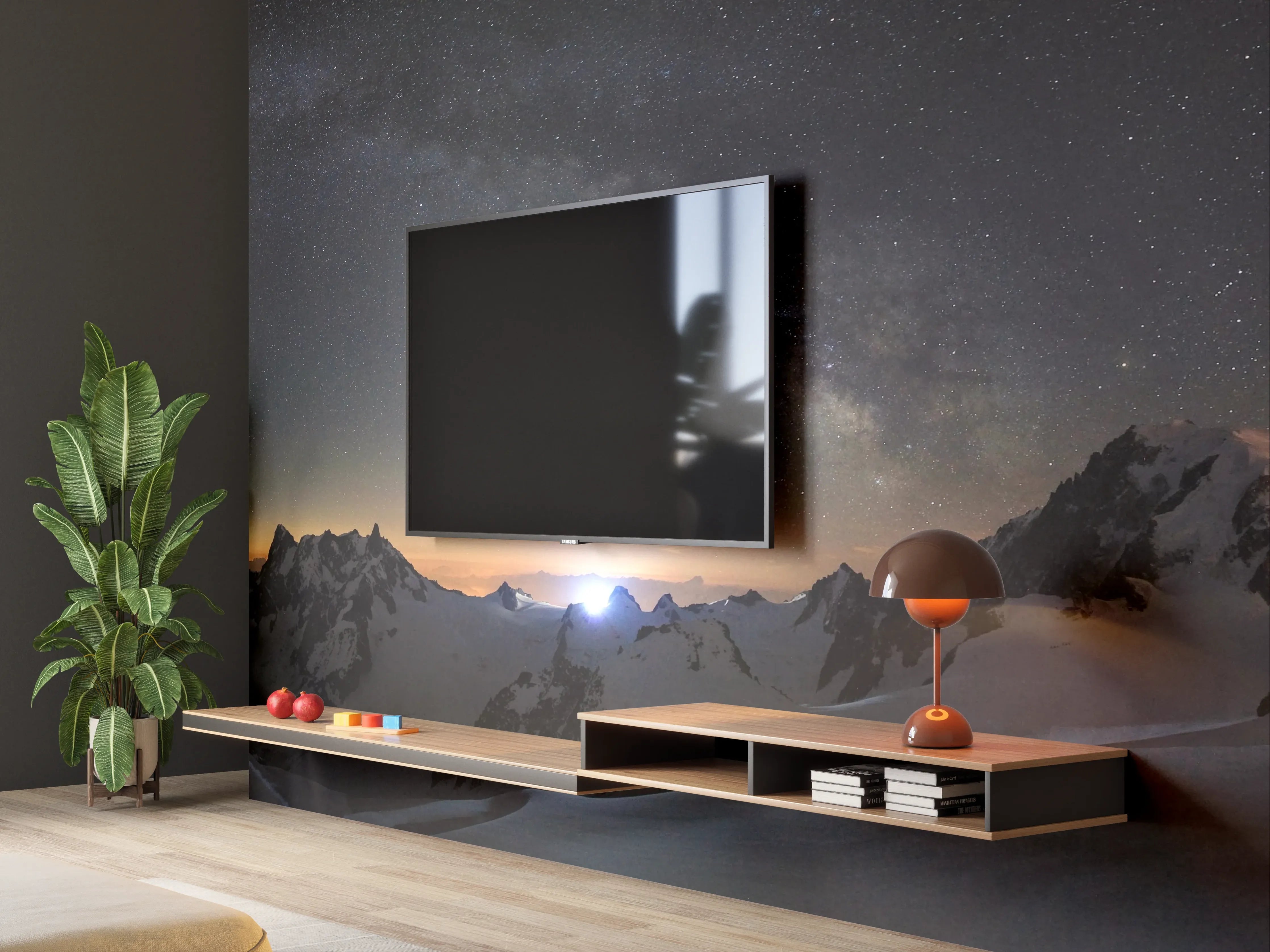 Wandverkleidung Wohnzimmer - Bergpanorama bei Nacht mit Sternenhimmel