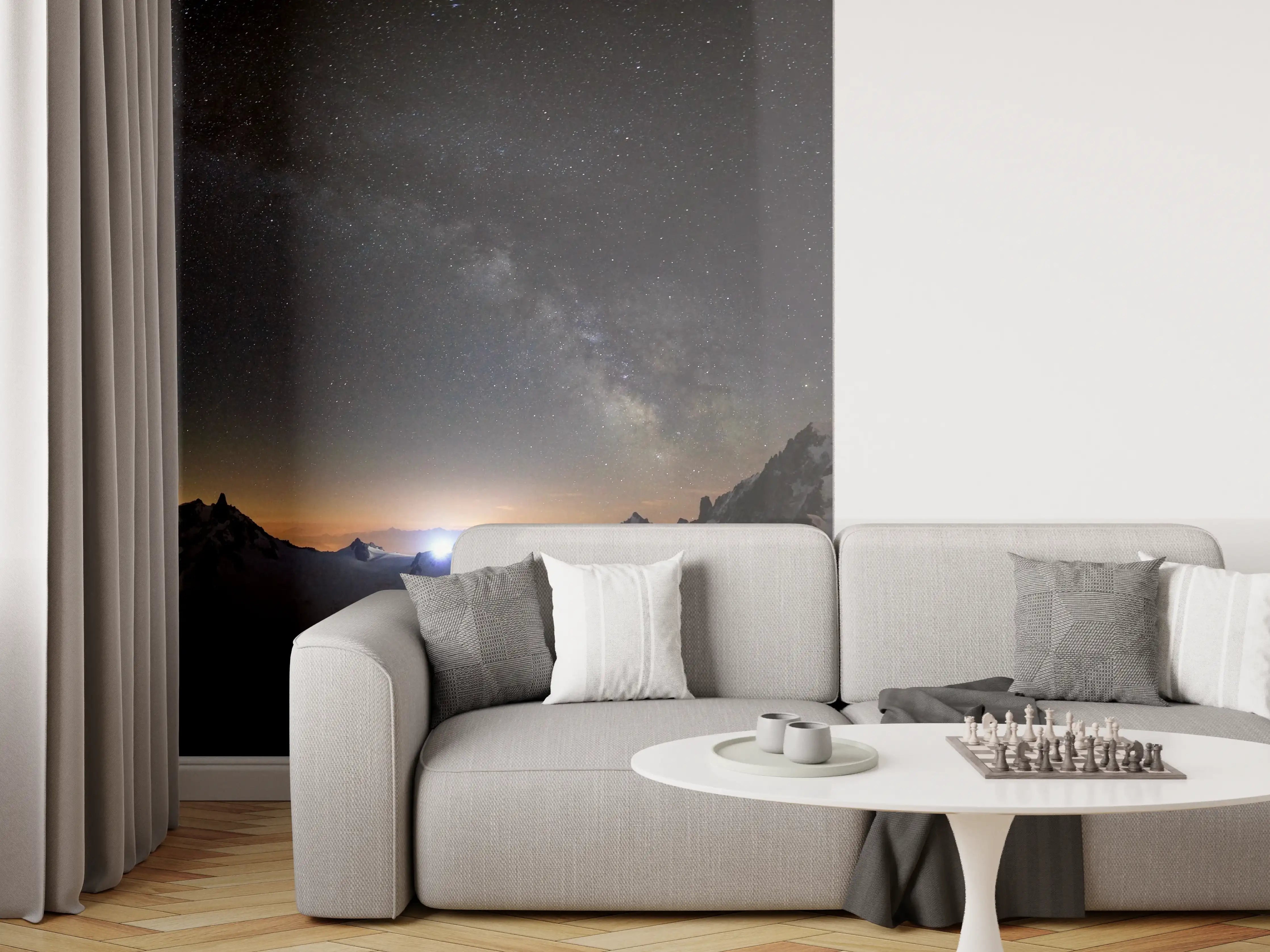 Wandverkleidung Wohnzimmer - Bergpanorama bei Nacht mit Sternenhimmel