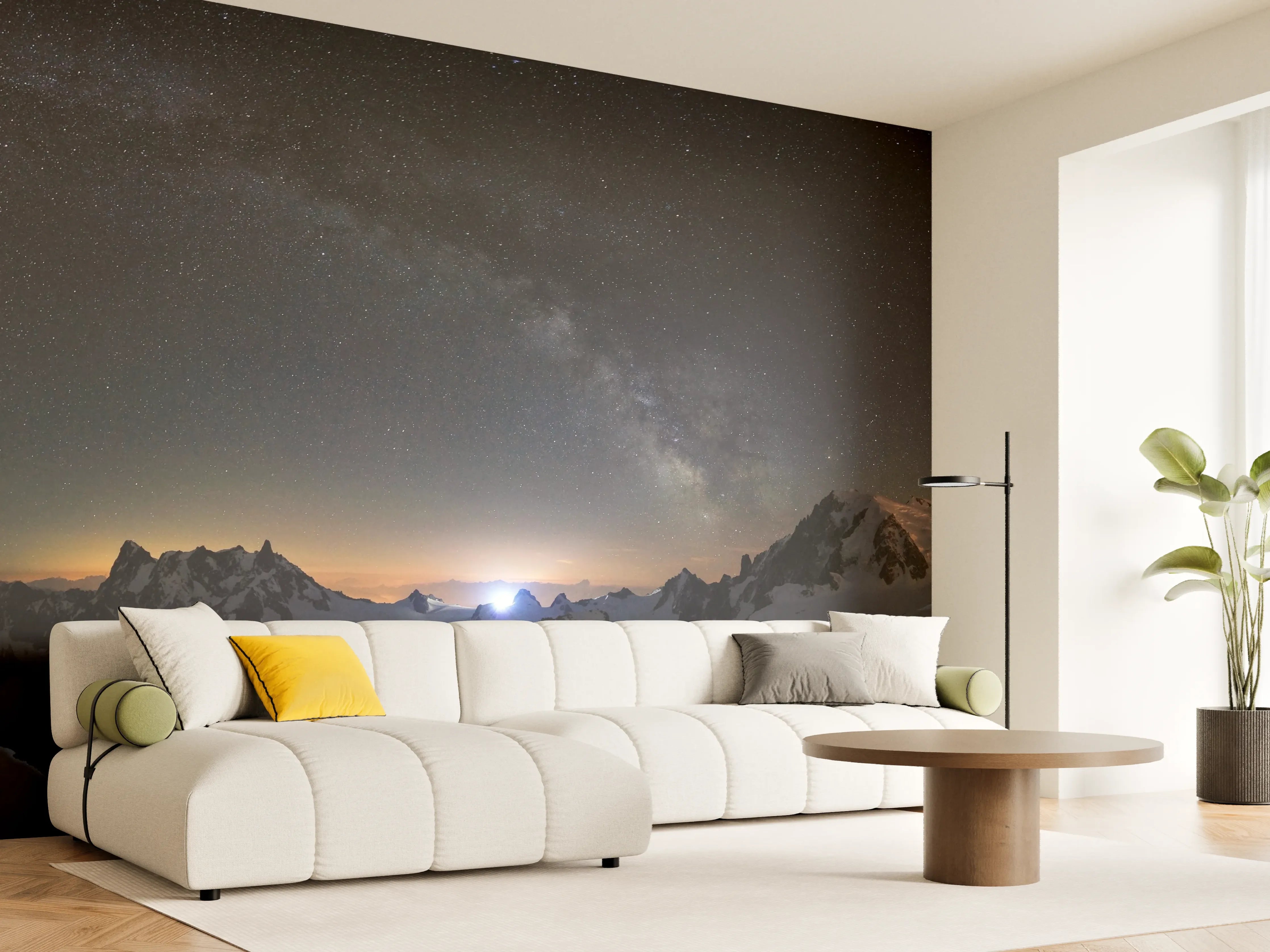 Wandverkleidung Wohnzimmer - Bergpanorama bei Nacht mit Sternenhimmel