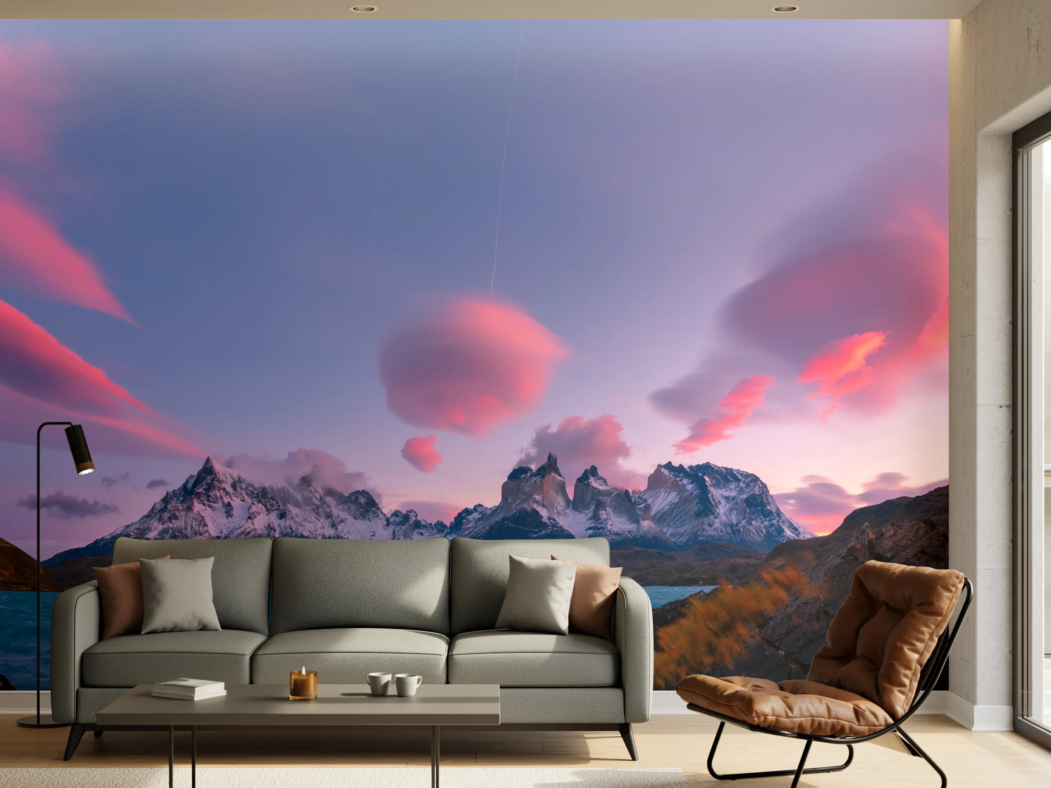 Wandverkleidung Wohnzimmer - Bergpanorama im rosa Sonnenuntergang