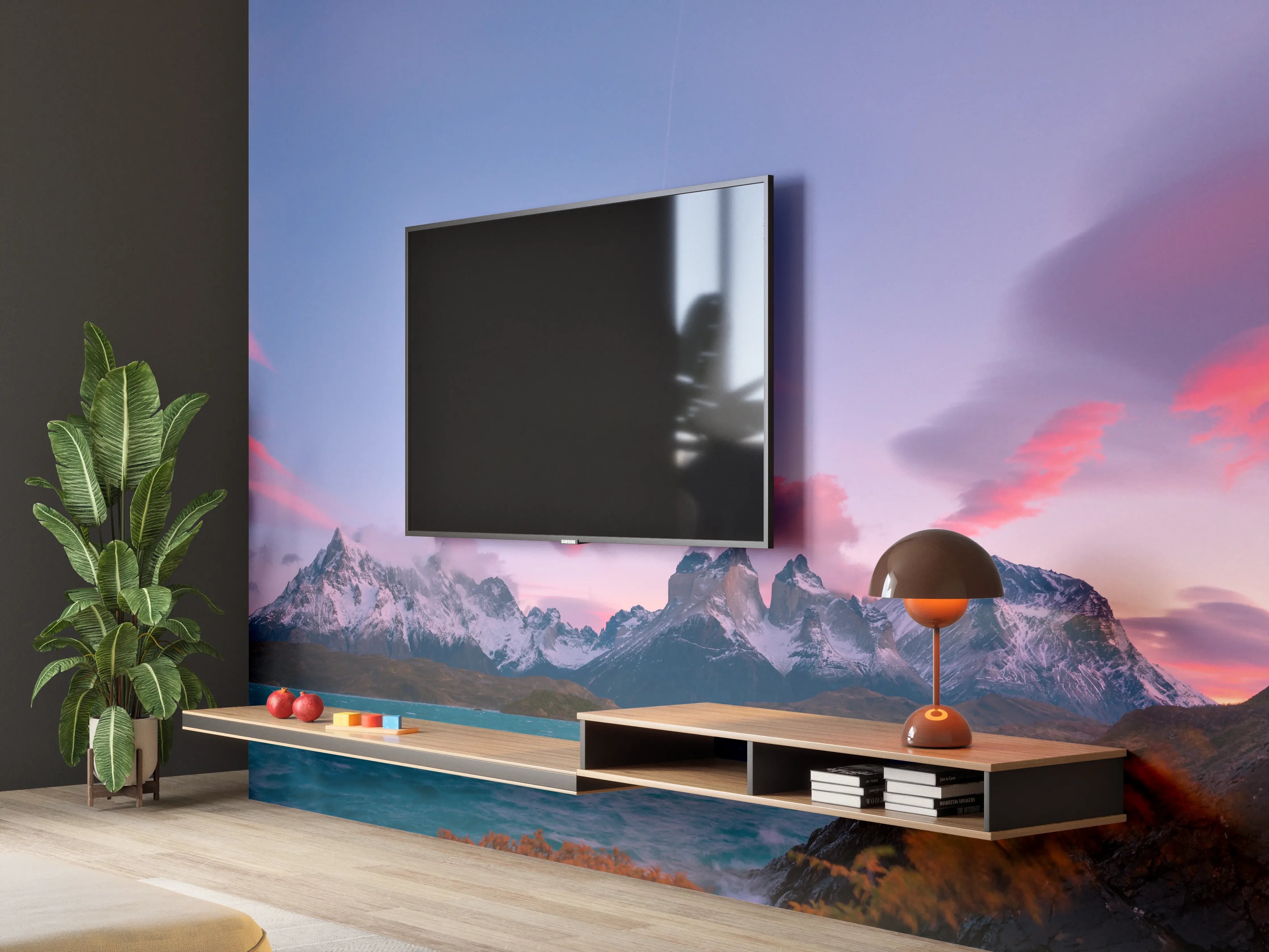 Wandverkleidung Wohnzimmer - Bergpanorama im rosa Sonnenuntergang