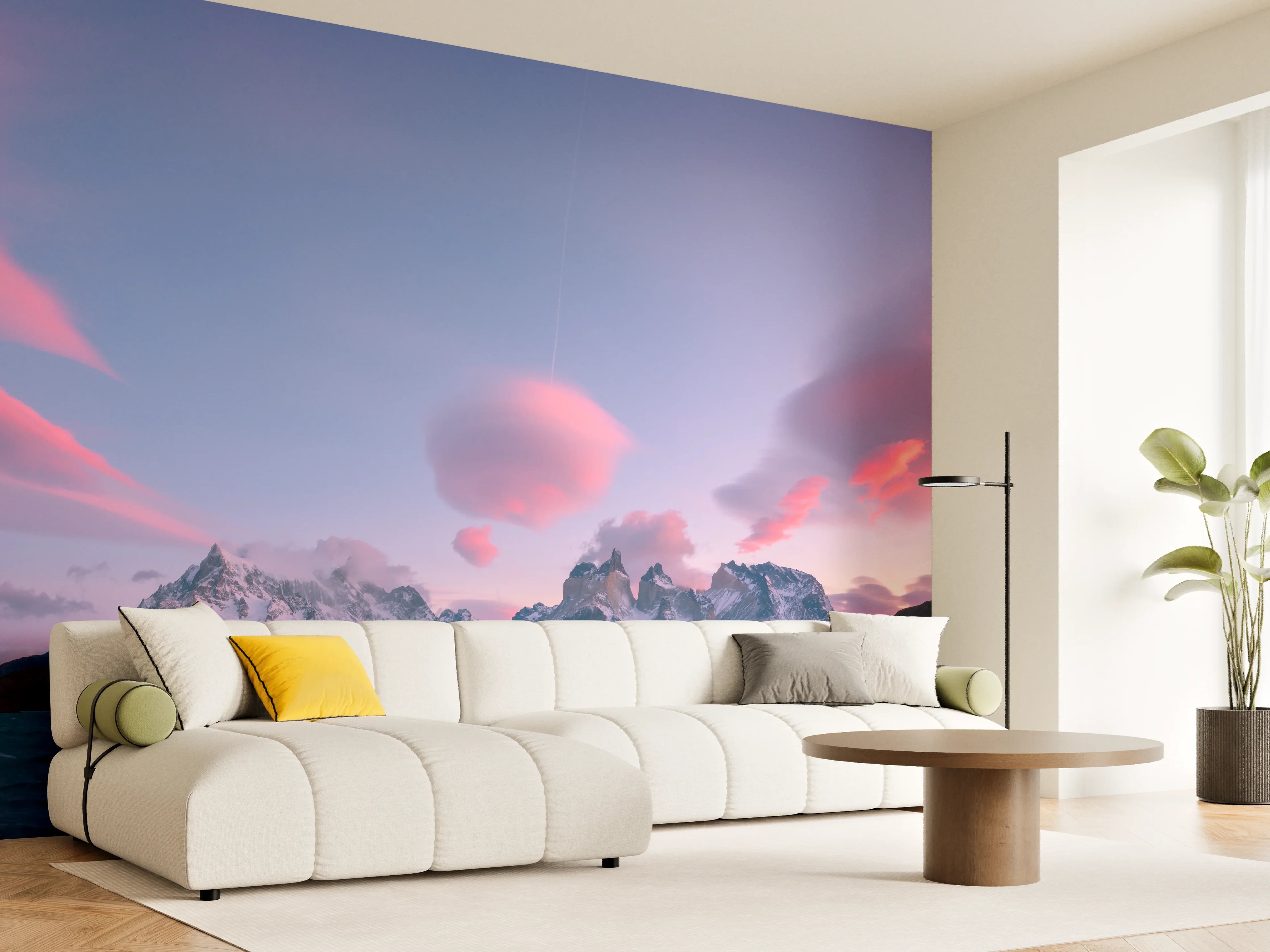 Wandverkleidung Wohnzimmer - Bergpanorama im rosa Sonnenuntergang
