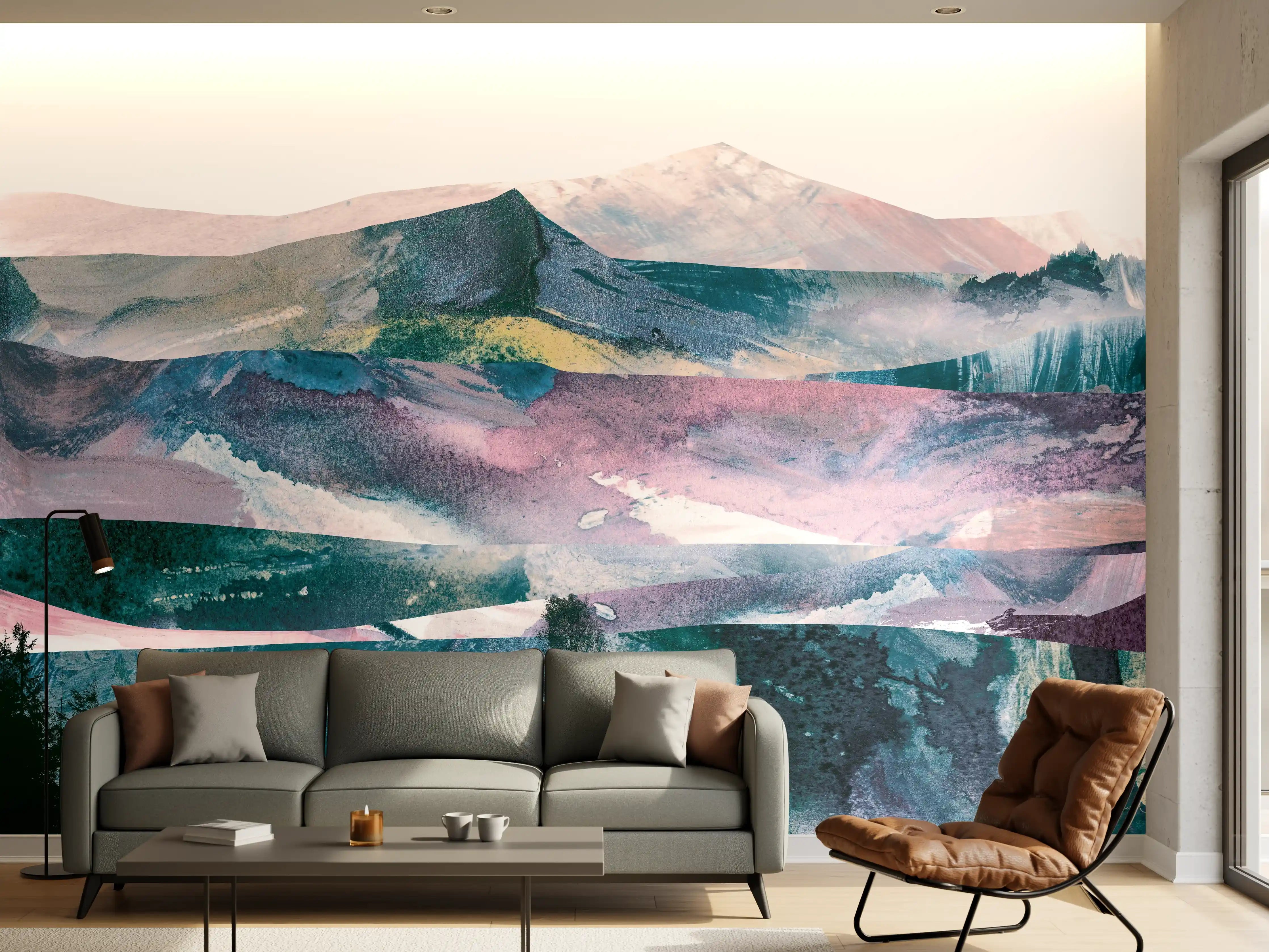 Wandverkleidung Wohnzimmer - Bergpanorama in Farbabstraktion
