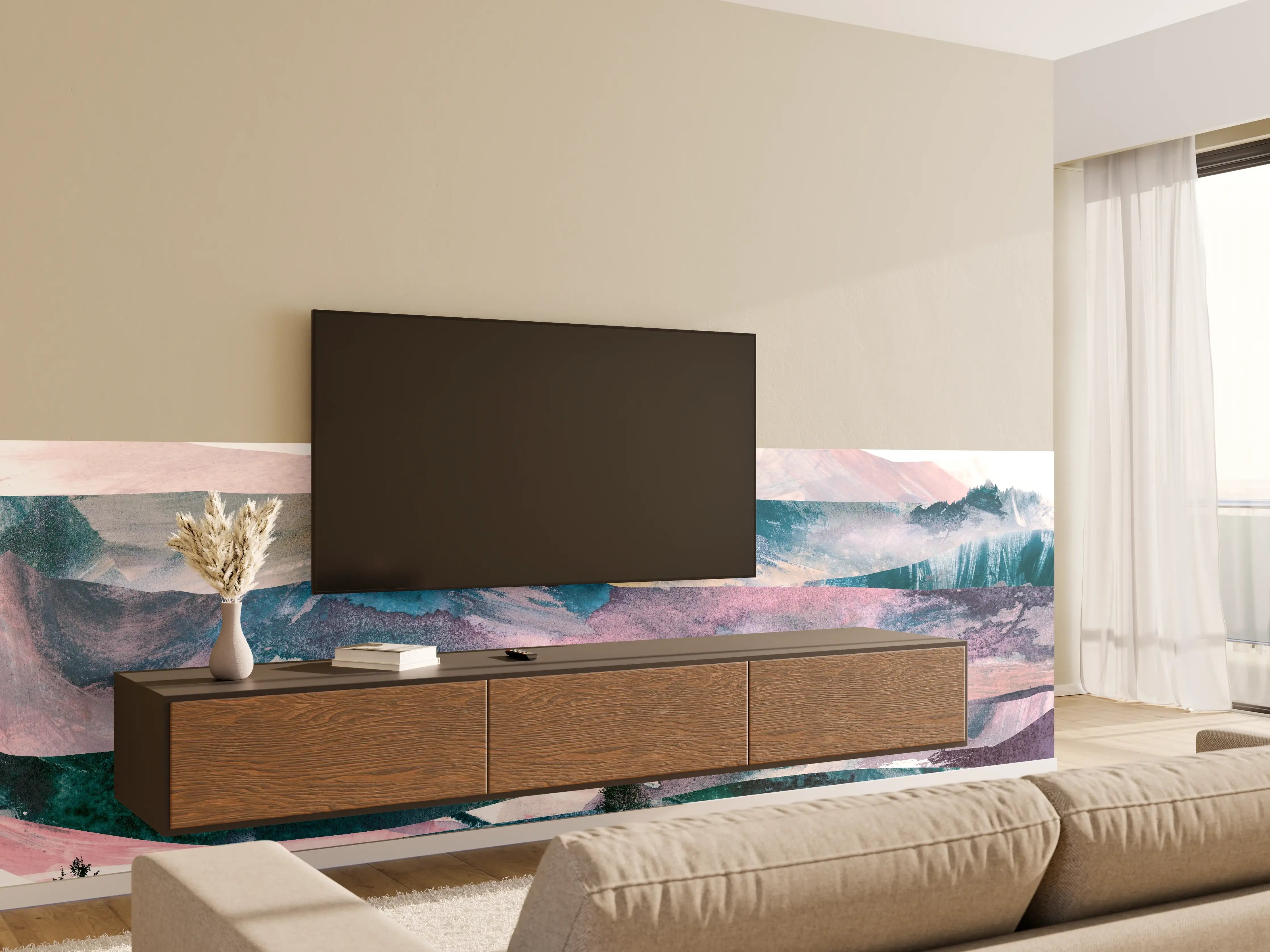 Wandverkleidung Wohnzimmer - Bergpanorama in Farbabstraktion