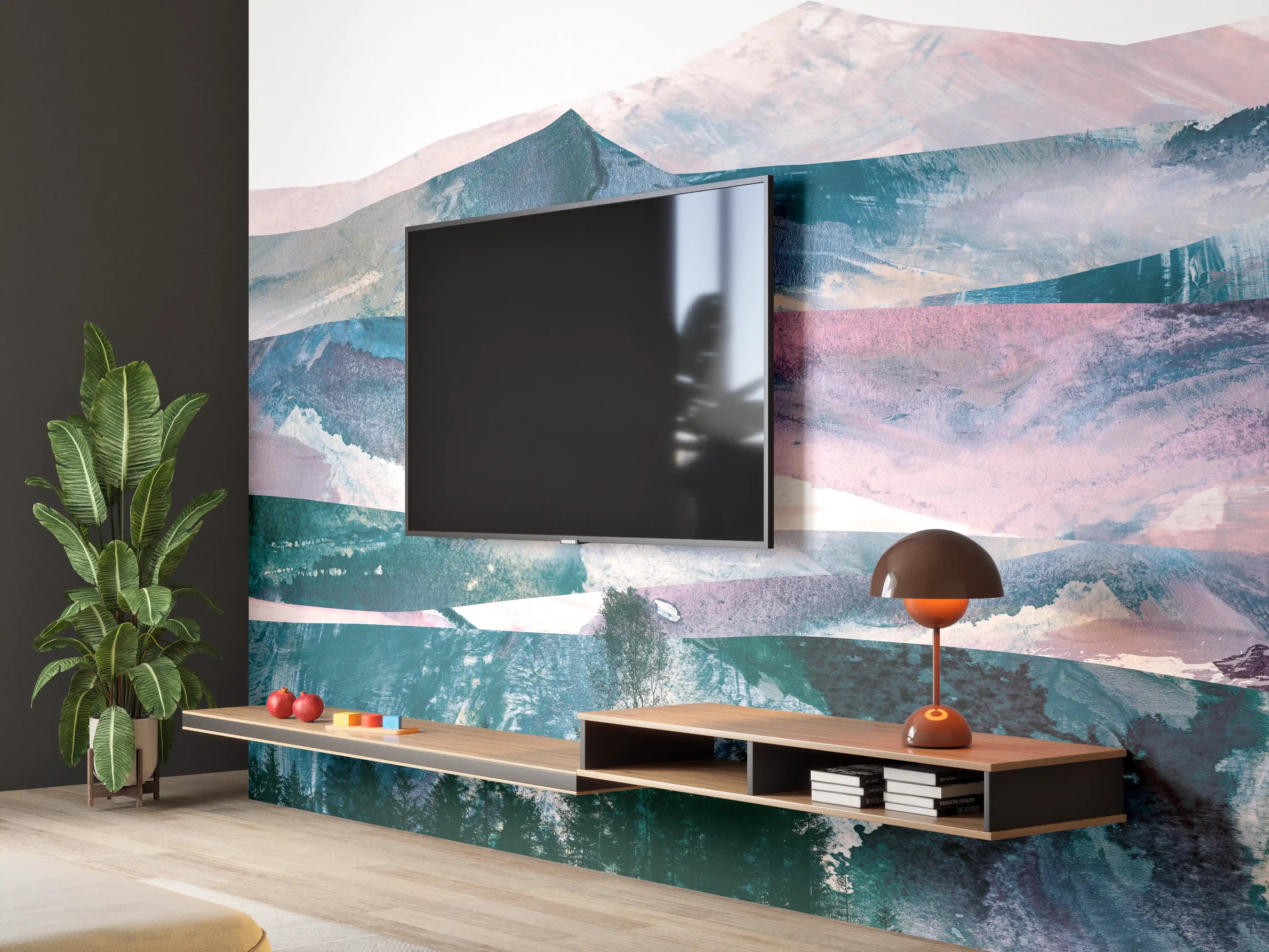 Wandverkleidung Wohnzimmer - Bergpanorama in Farbabstraktion