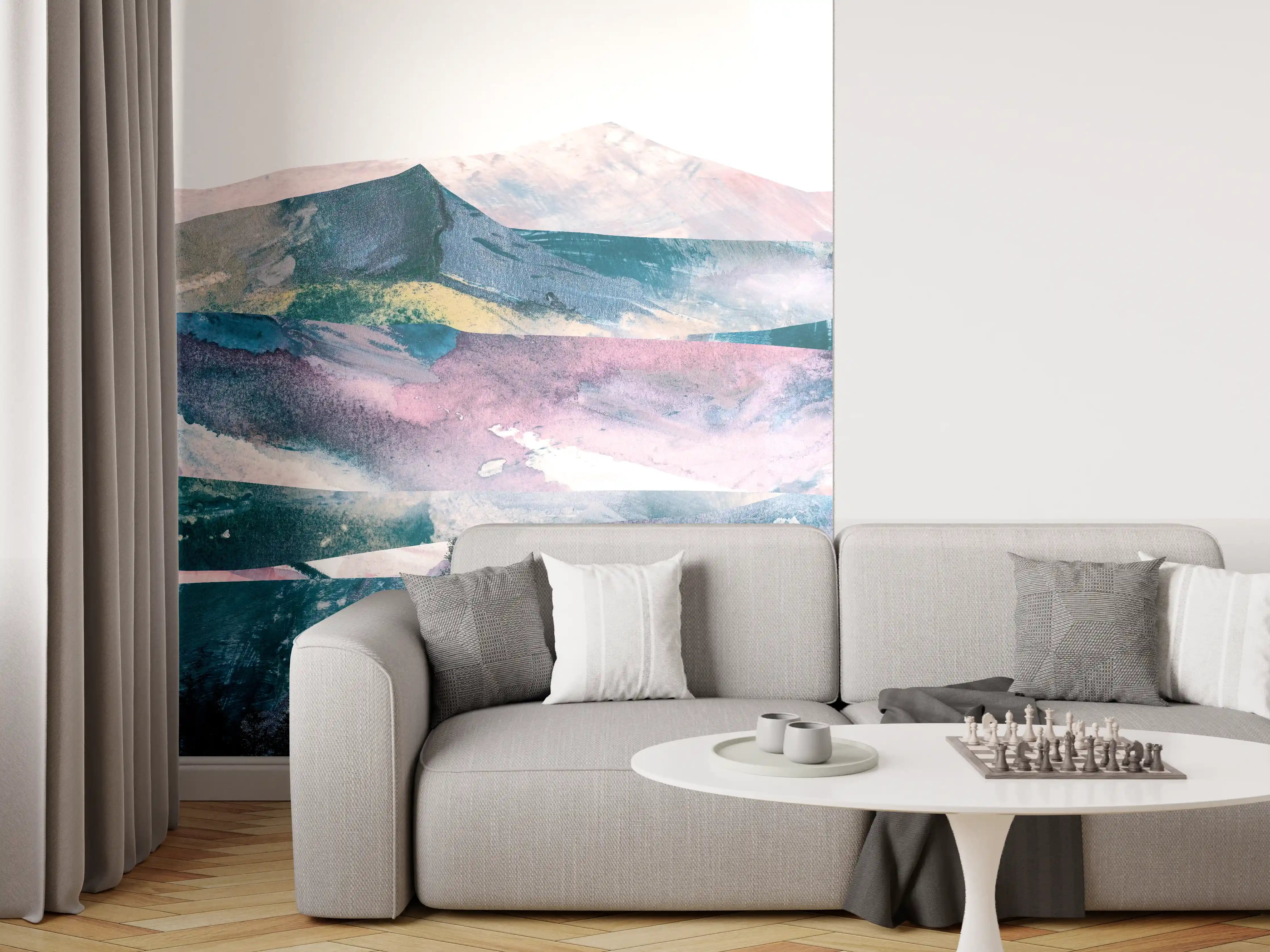 Wandverkleidung Wohnzimmer - Bergpanorama in Farbabstraktion