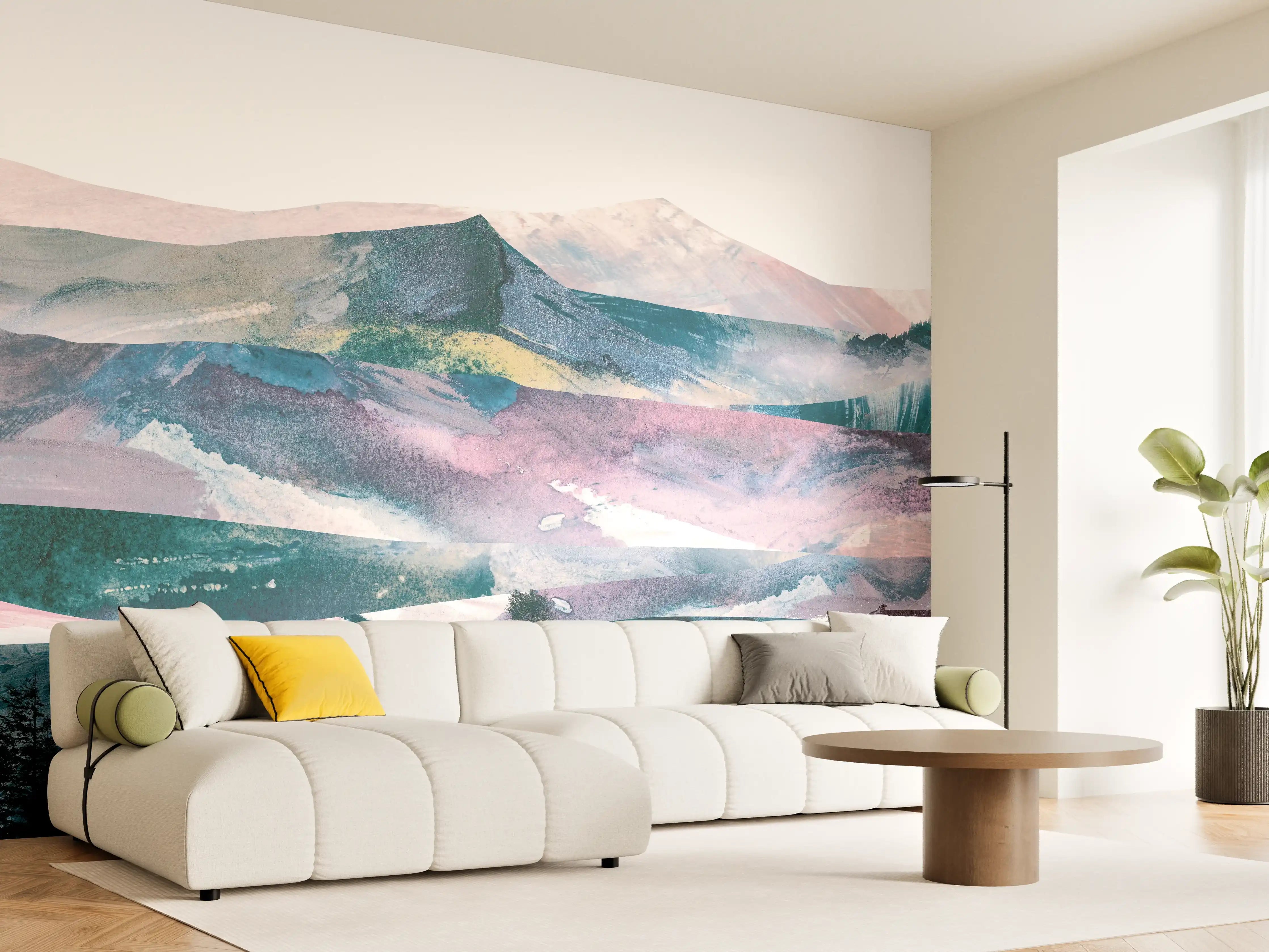 Wandverkleidung Wohnzimmer - Bergpanorama in Farbabstraktion
