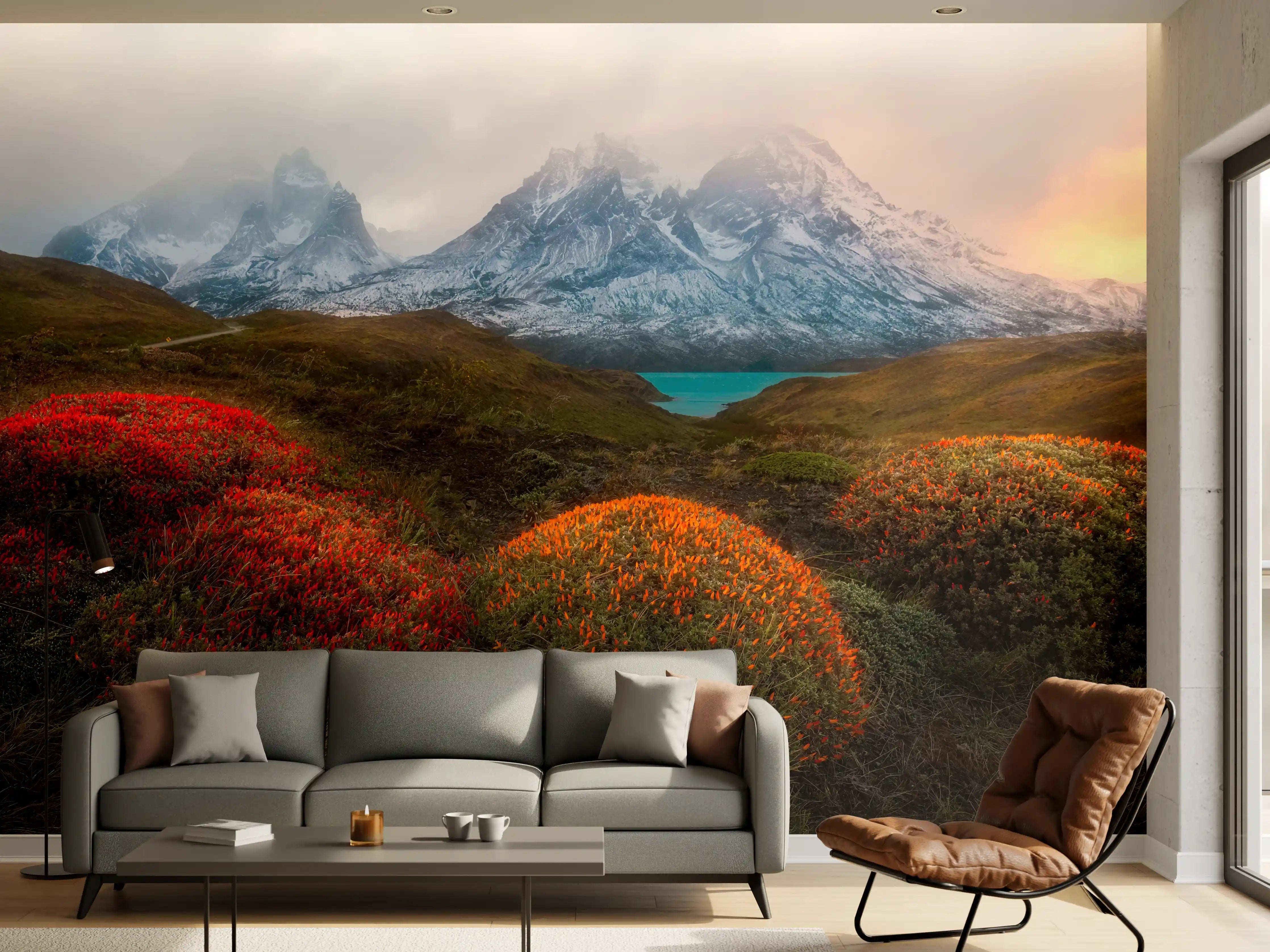 Wandverkleidung Wohnzimmer - Bergpanorama mit herbstlichen Farbtönen
