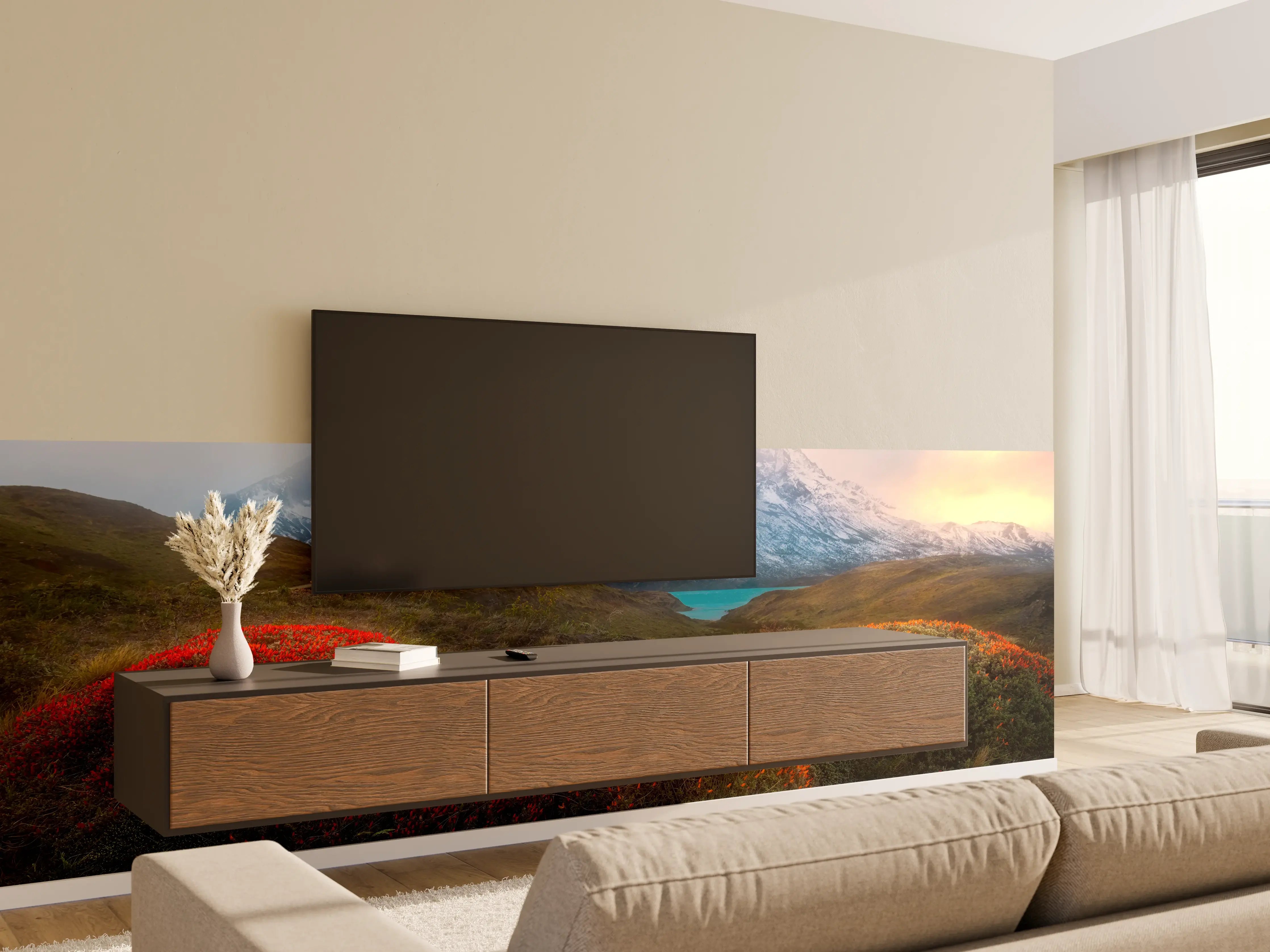 Wandverkleidung Wohnzimmer - Bergpanorama mit herbstlichen Farbtönen