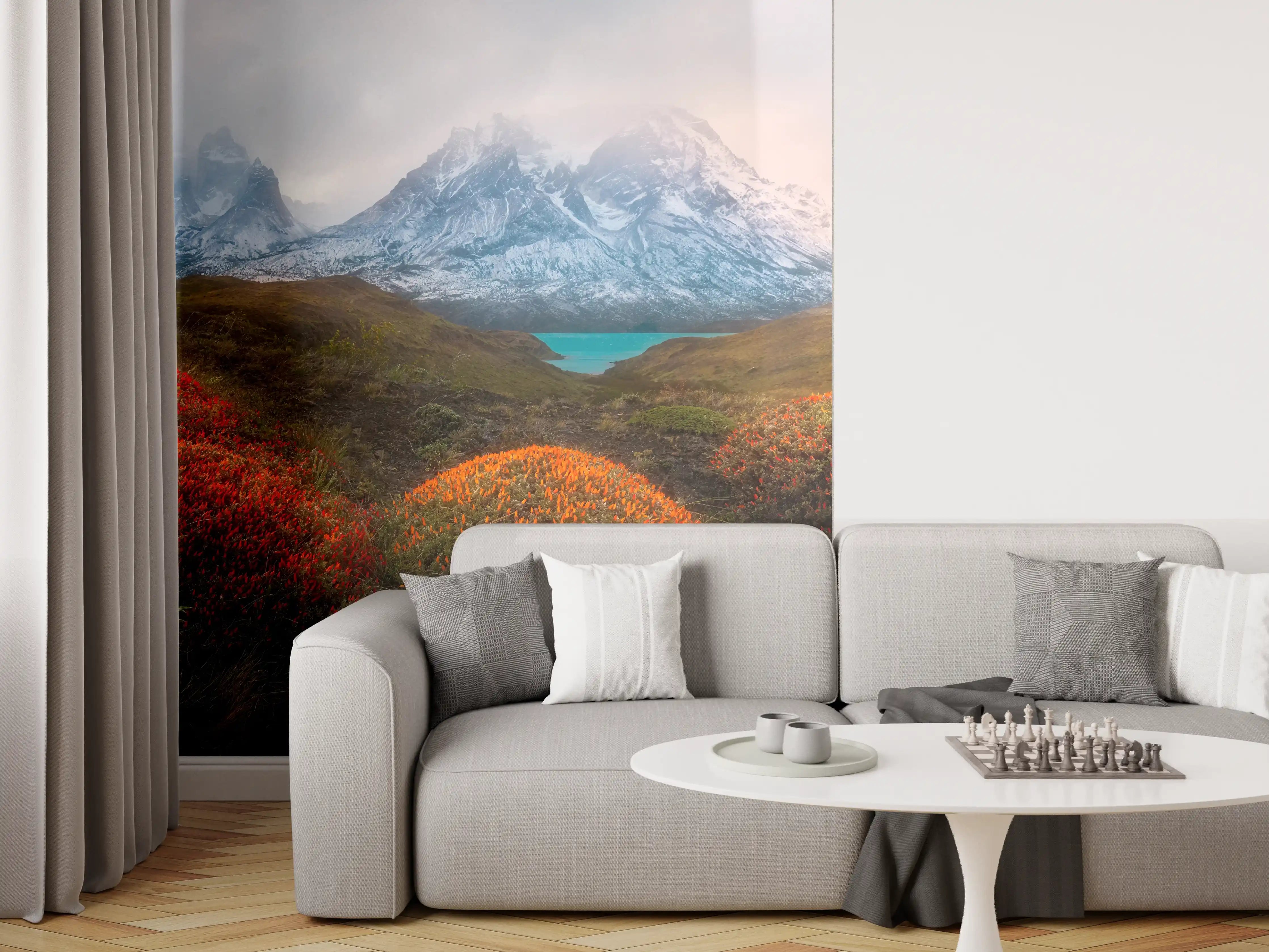 Wandverkleidung Wohnzimmer - Bergpanorama mit herbstlichen Farbtönen