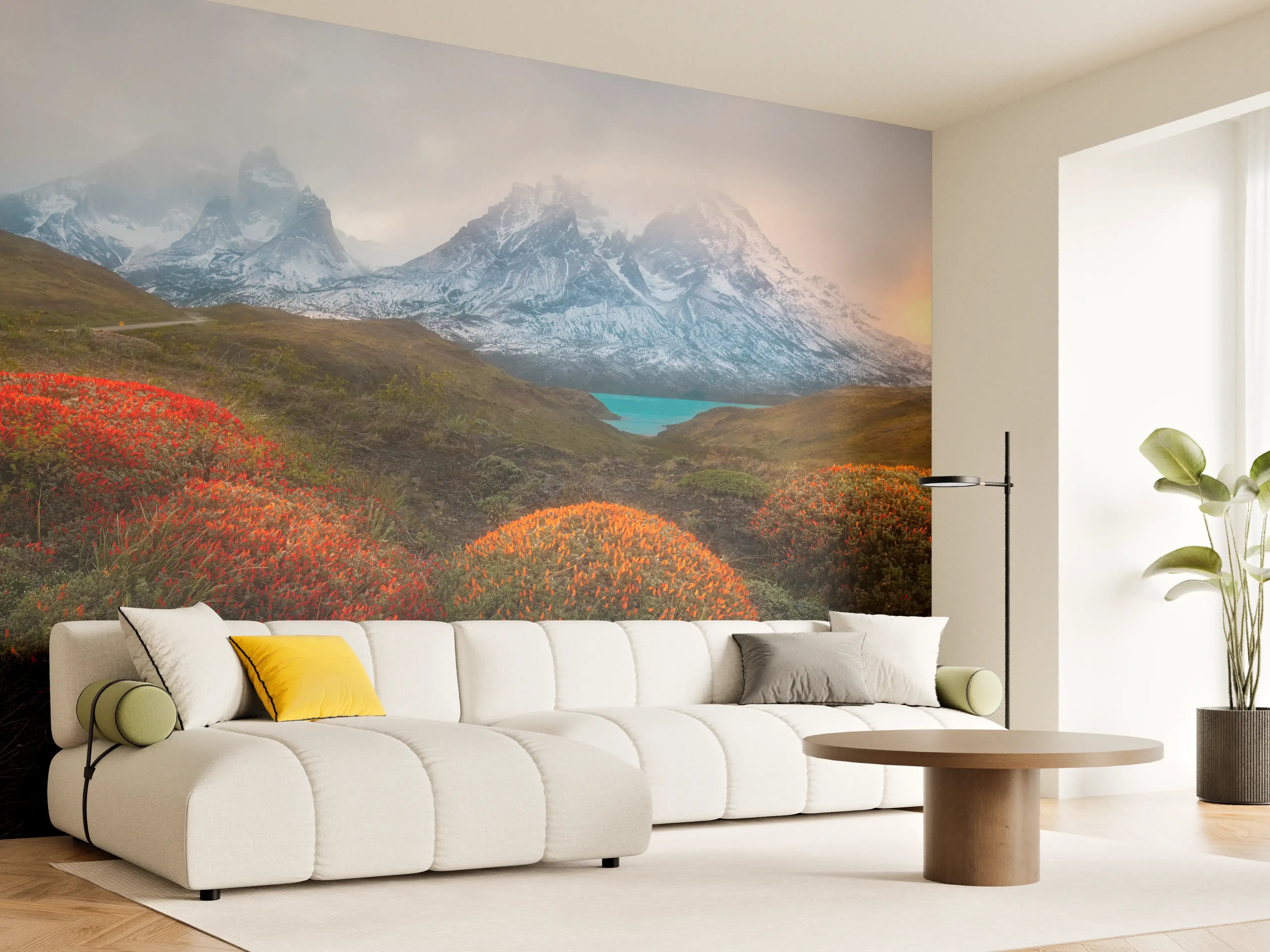 Wandverkleidung Wohnzimmer - Bergpanorama mit herbstlichen Farbtönen