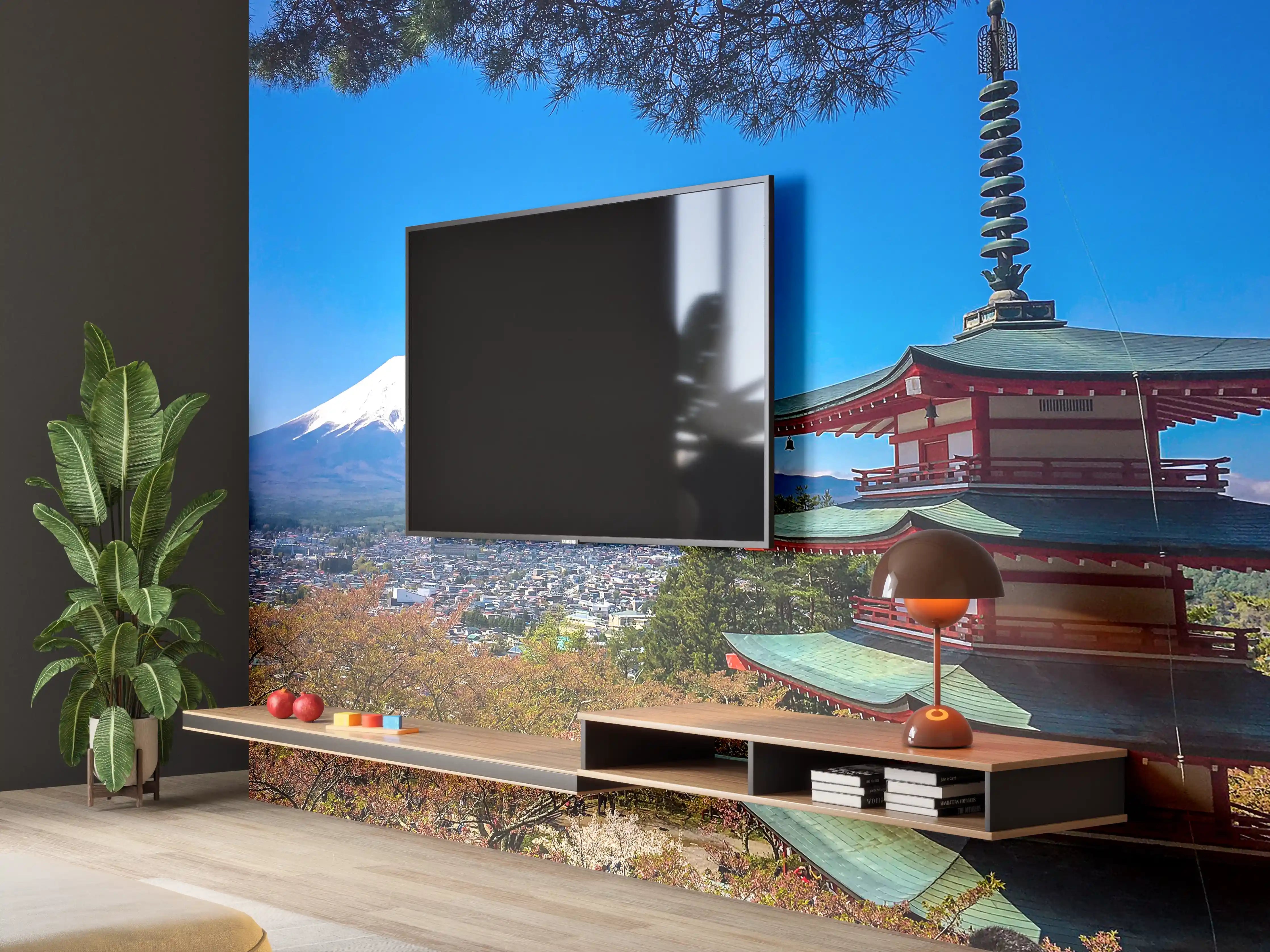 Wandverkleidung Wohnzimmer - Bergpanorama mit traditioneller Pagode