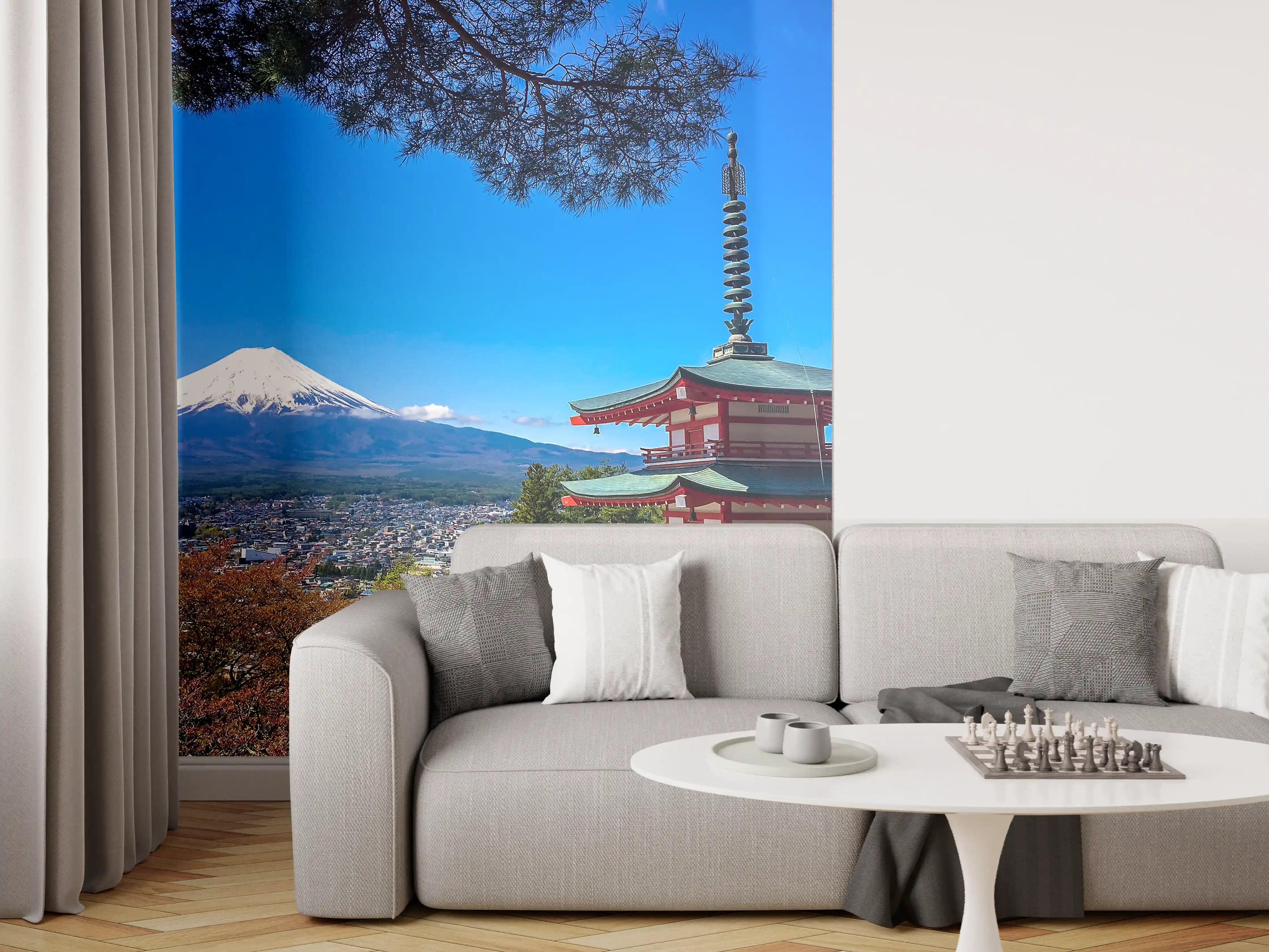 Wandverkleidung Wohnzimmer - Bergpanorama mit traditioneller Pagode