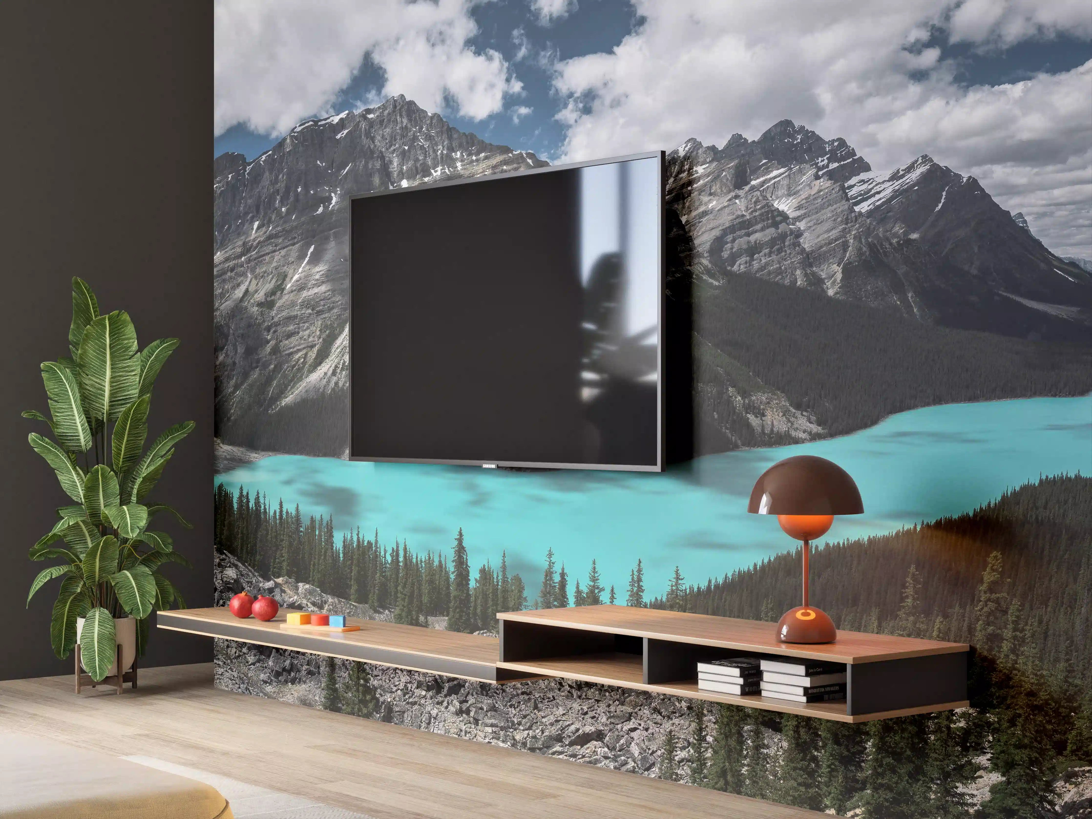 Wandverkleidung Wohnzimmer - Bergsee mit türkisfarbenem Wasser und Wolkenhimmel