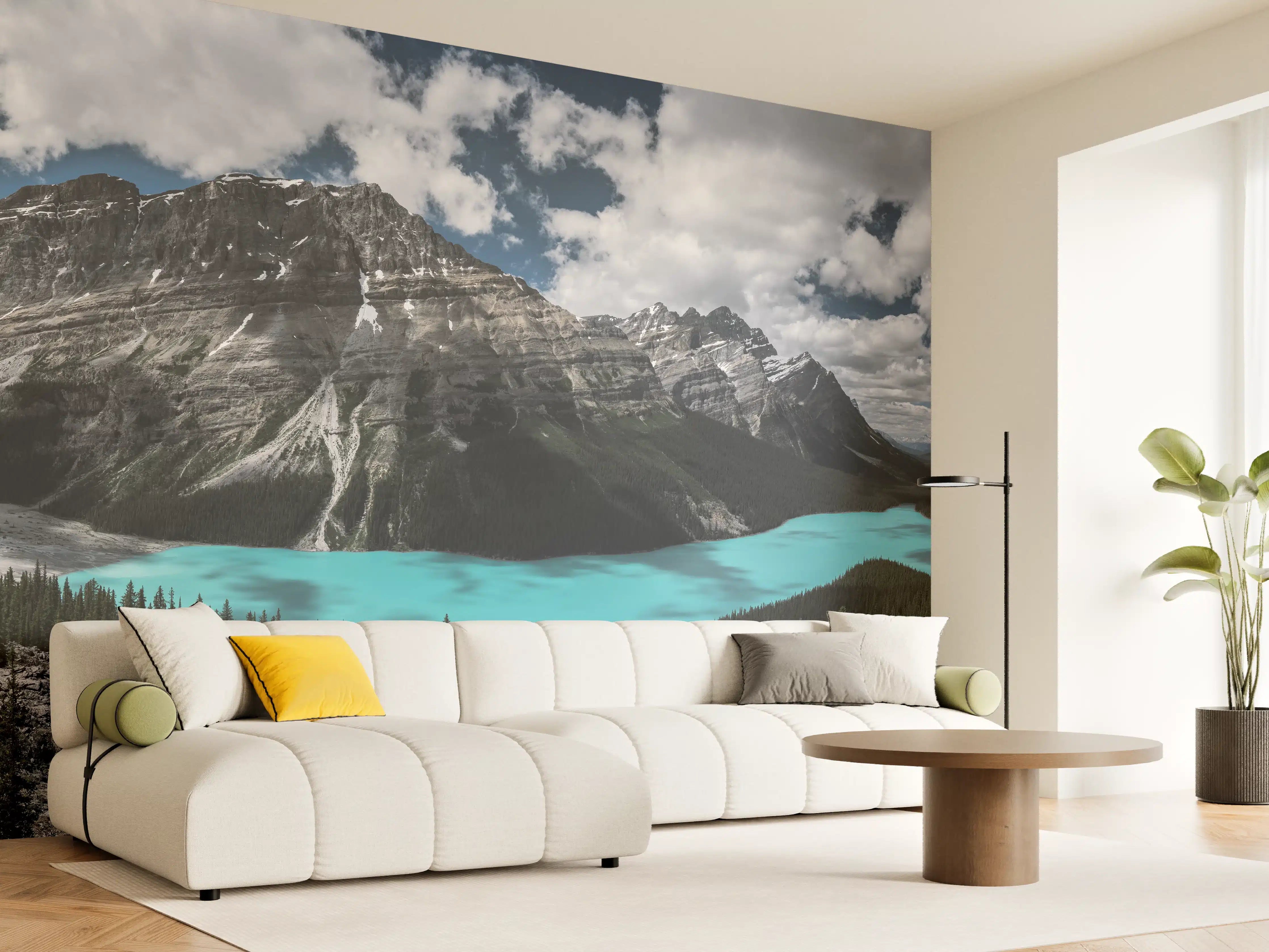 Wandverkleidung Wohnzimmer - Bergsee mit türkisfarbenem Wasser und Wolkenhimmel