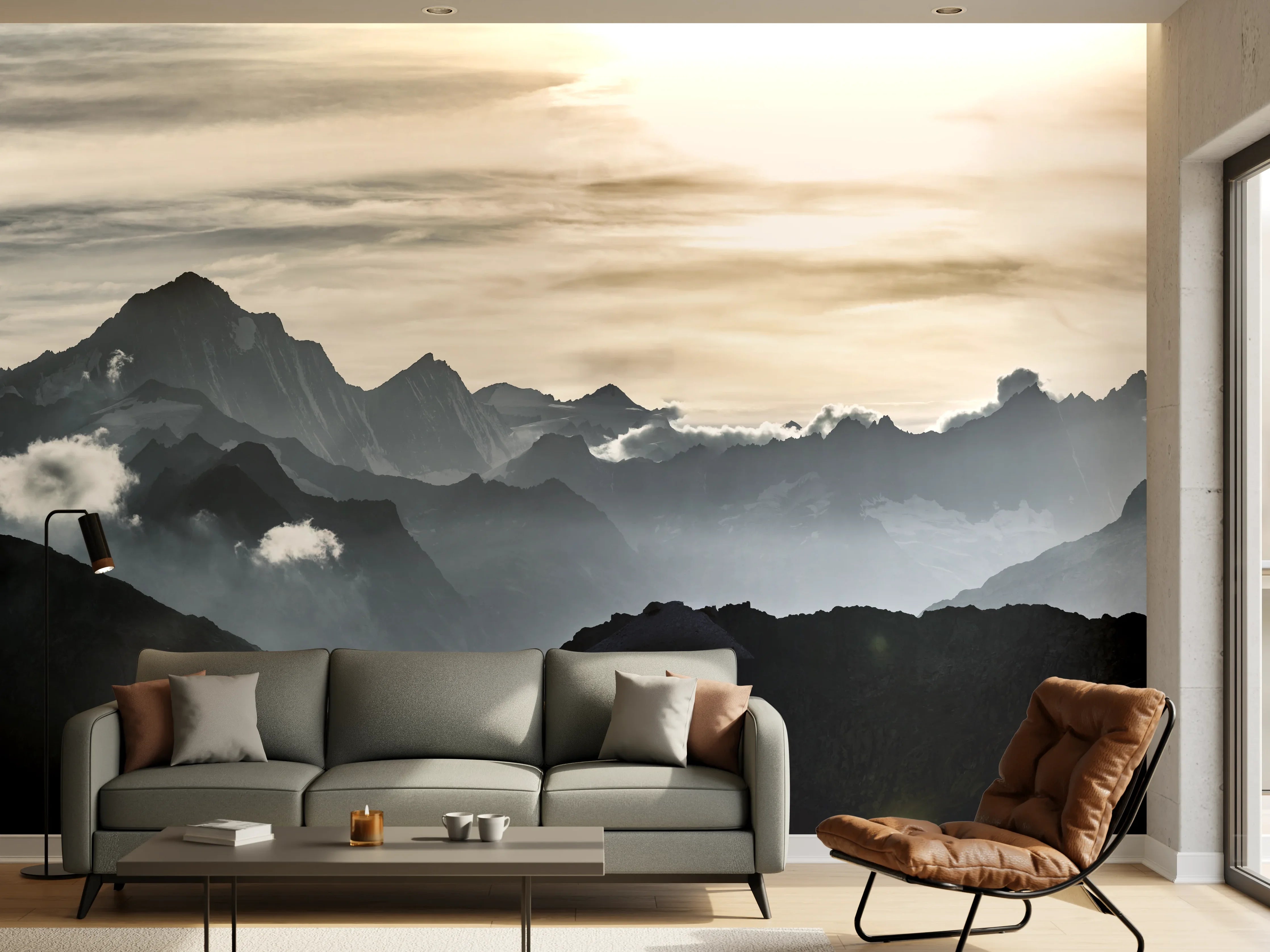 Wandverkleidung Wohnzimmer - Bergsilhouette bei Sonnenuntergang